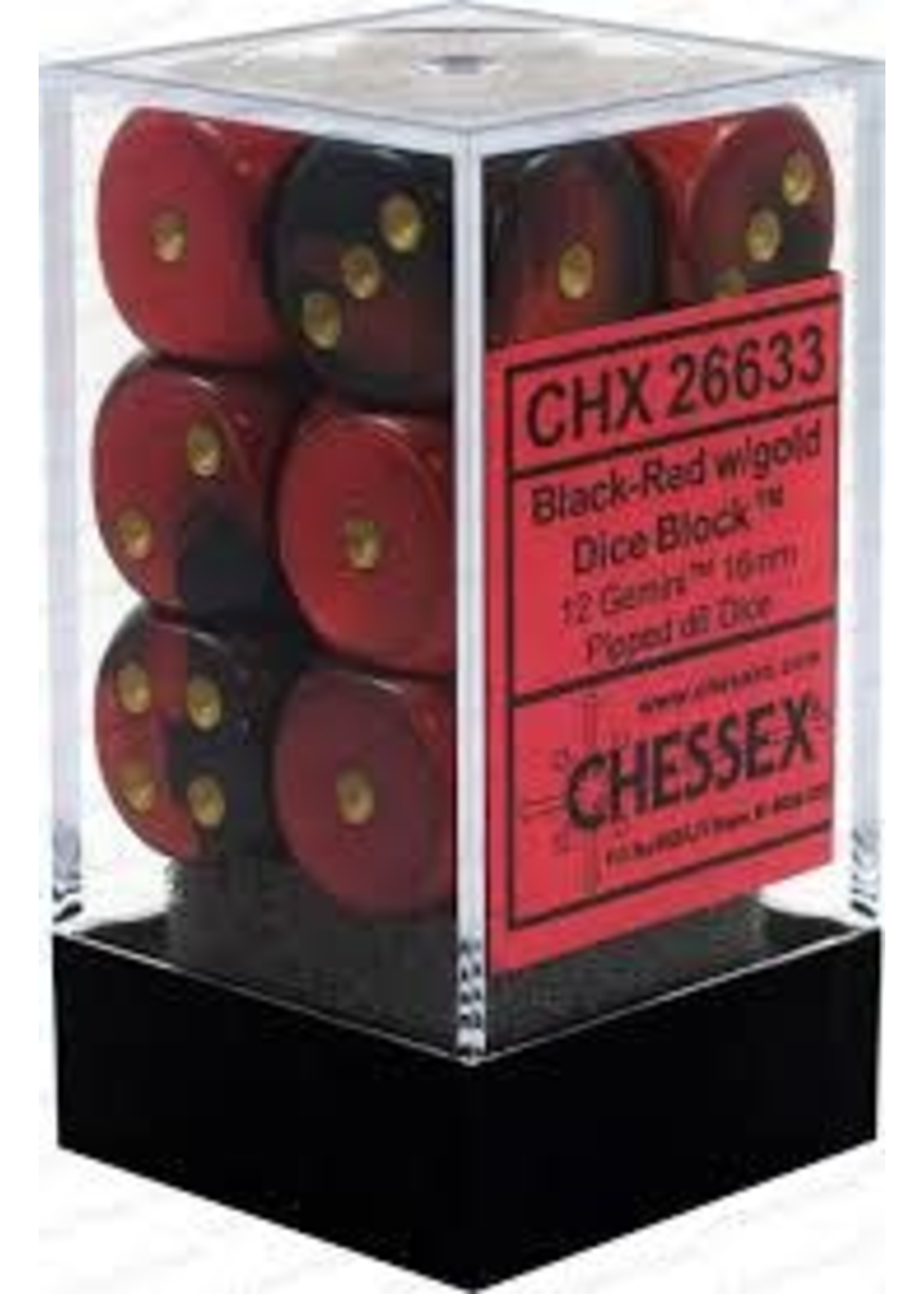 Chessex d6 Cube 16mm Gemini Black & Red w/ Gold (12)