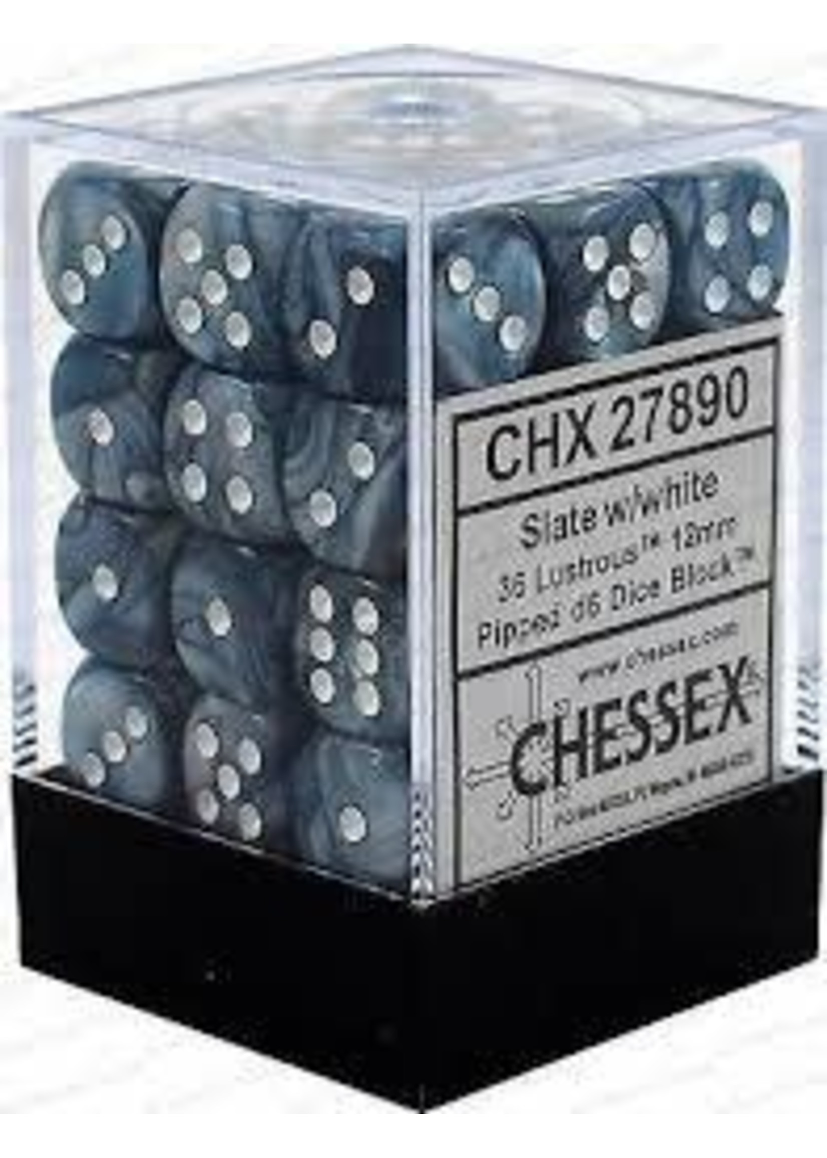 Chessex d6 Cube 12mm Lustrous Slate w/ White (36)