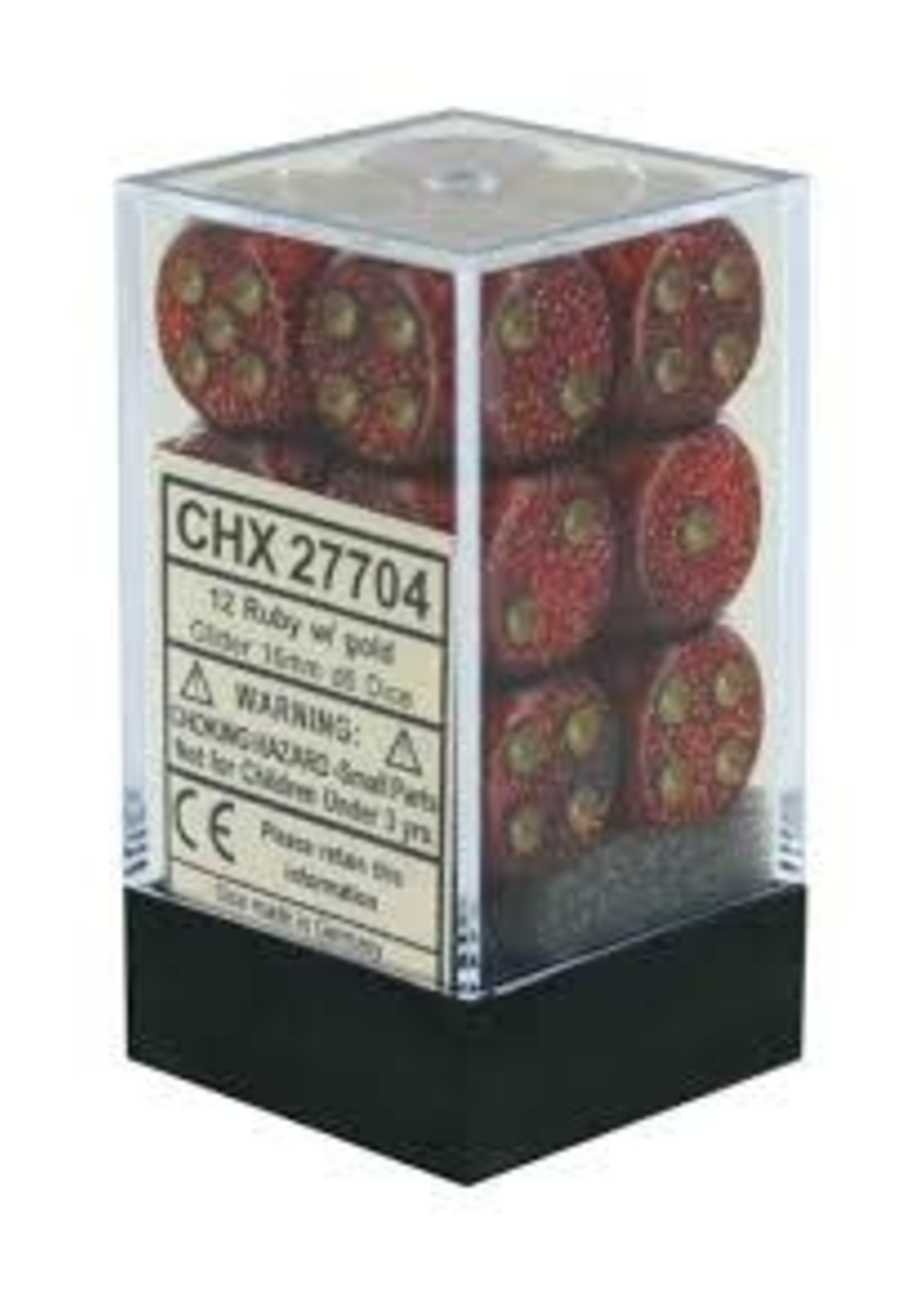 Chessex d6 Cube 16mm Glitter Ruby w/ Gold (12)