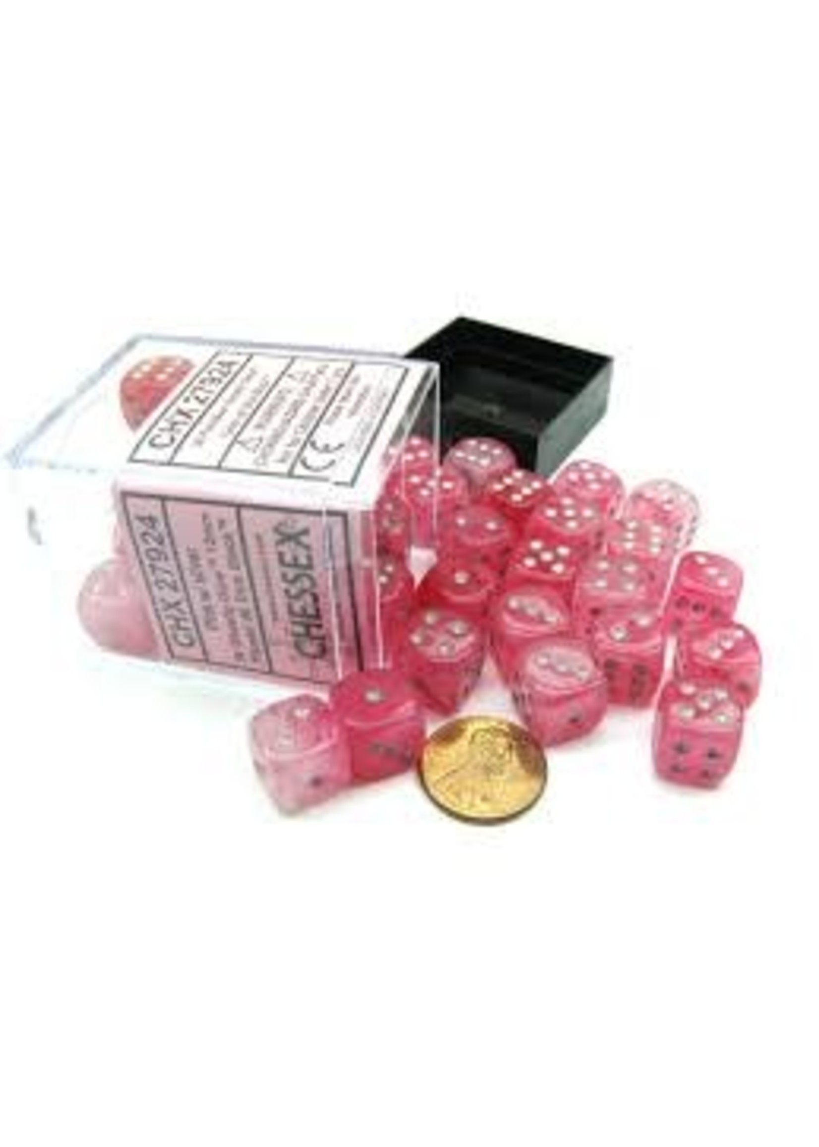 Chessex d6 Cube 12mm Ghostly Glow Pink w/ Silver (36)