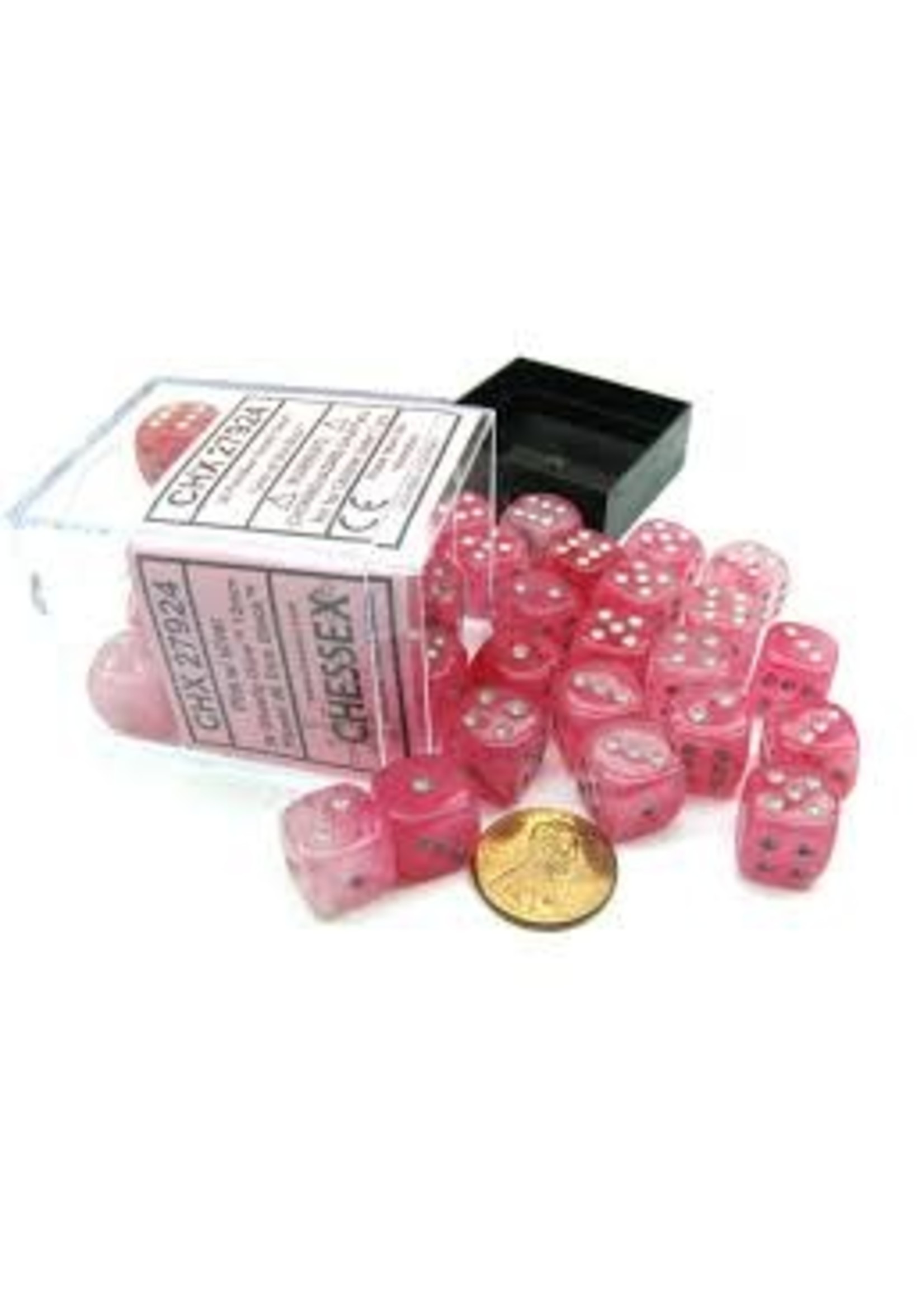 Chessex d6 Cube 12mm Ghostly Glow Pink w/ Silver (36)