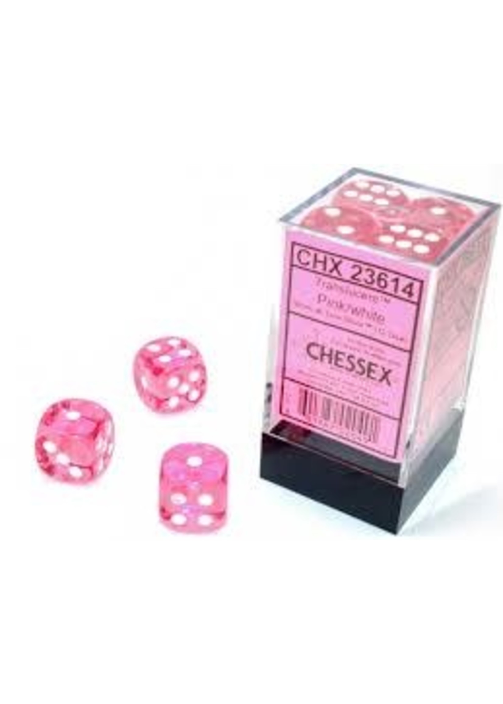Chessex d6 Cube 16mm Translucent Pink w/ White (12)