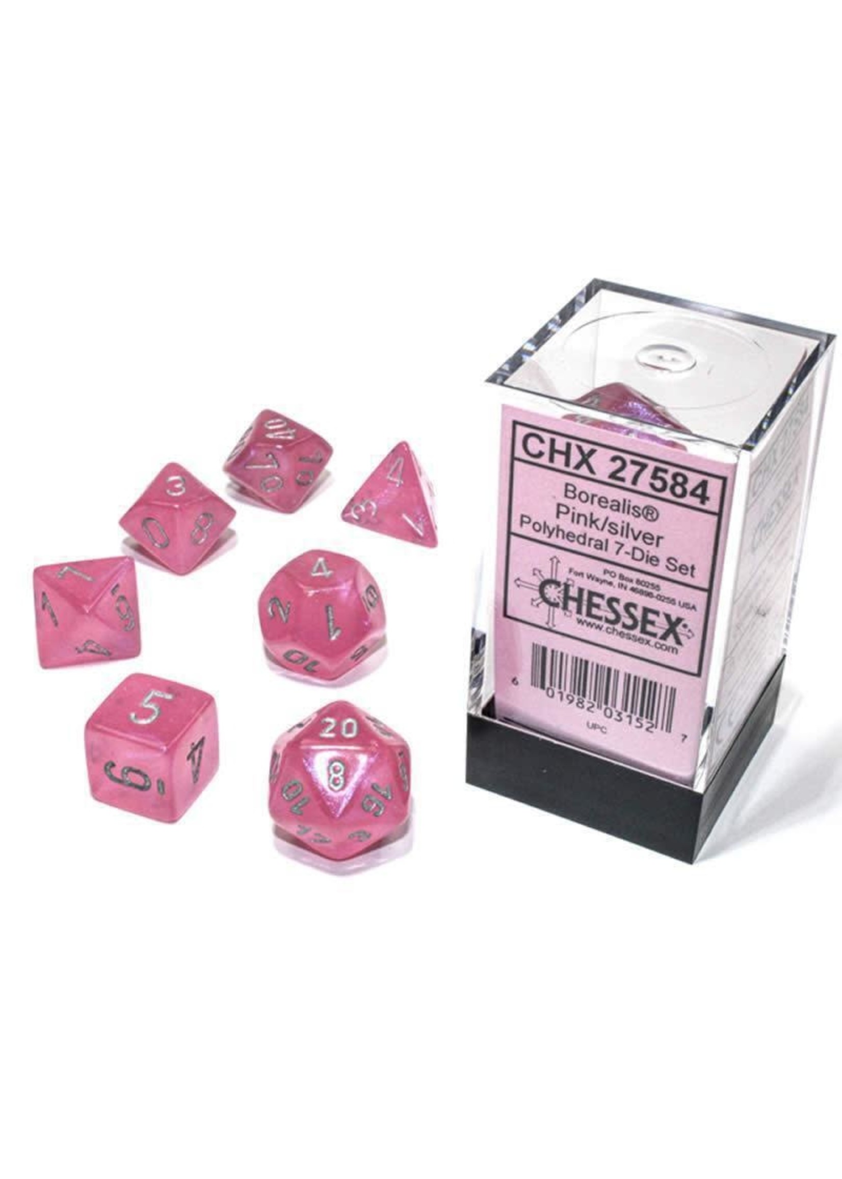 Chessex Borealis Luminary Poly 7 set:  Pink w/ Silver