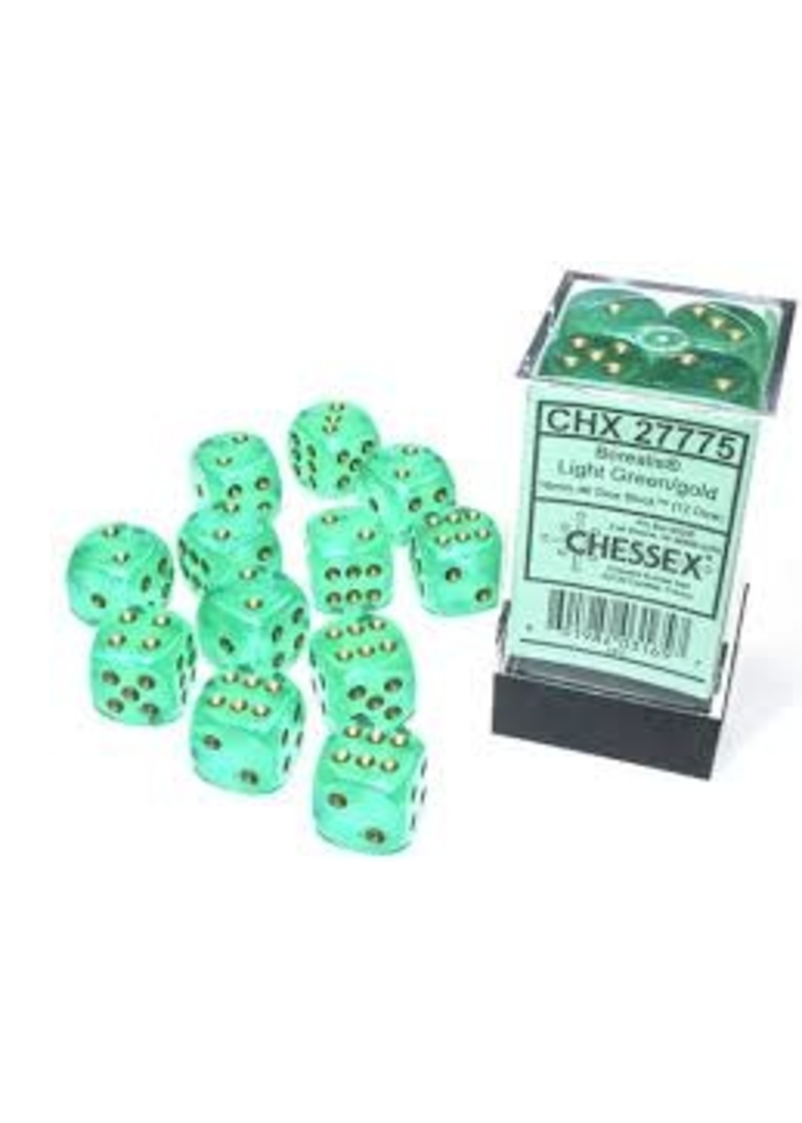 Chessex d6 Cube 16mm Borealis Luminary Light Green w/ Gold (12)