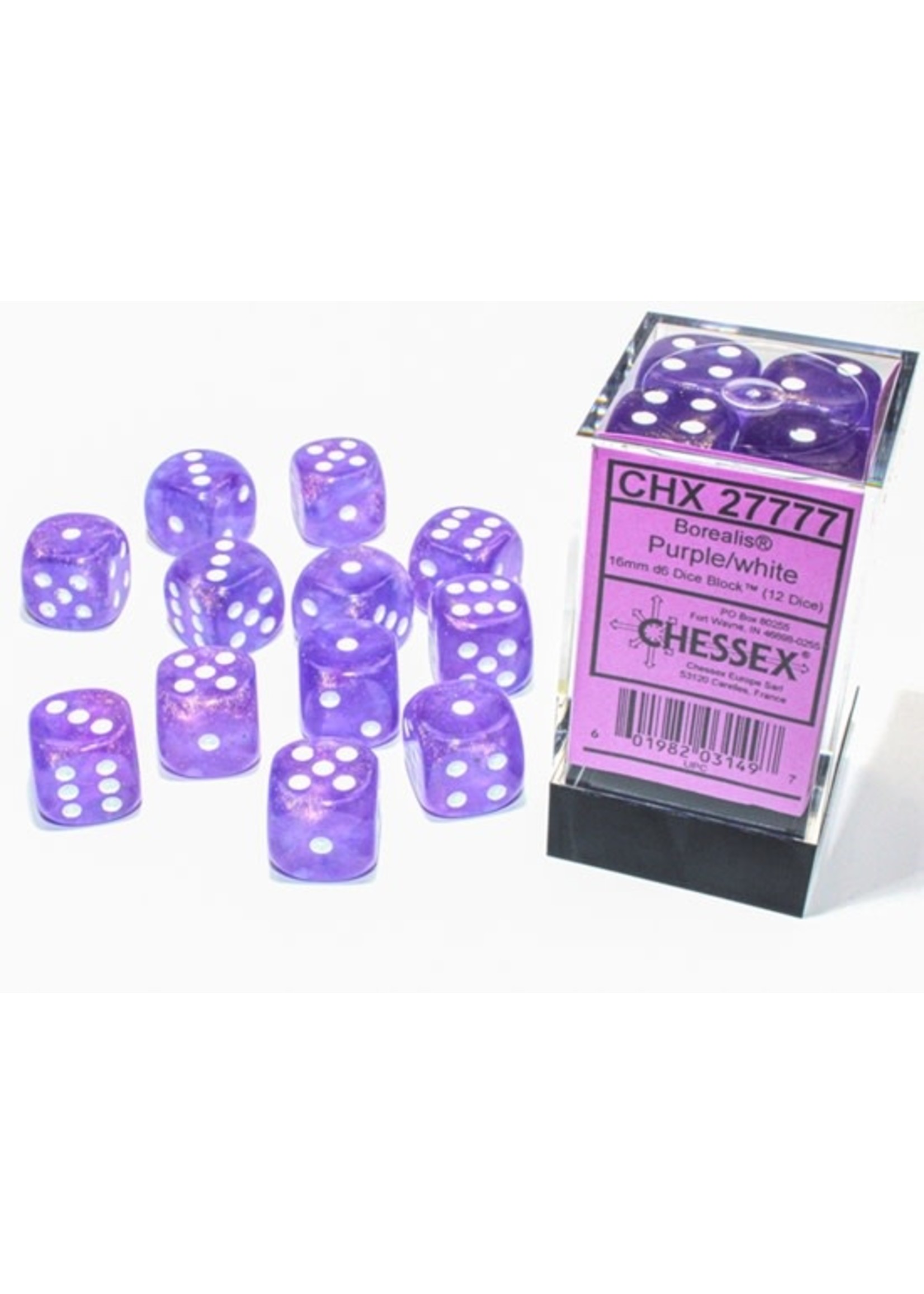 Chessex d6 Cube 16mm Borealis Luminary Purple w/ White (12)