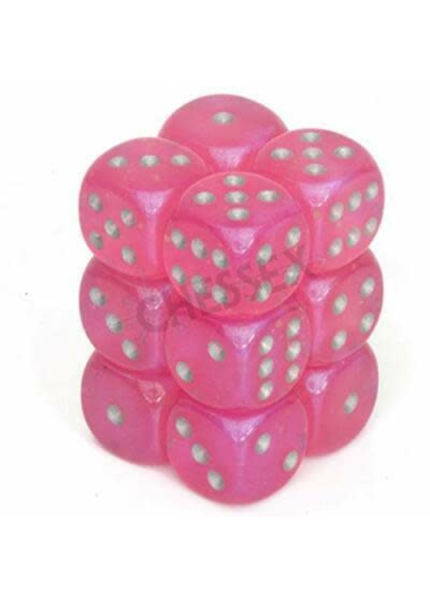 Chessex d6 Cube 16mm Borealis Luminary Pink w/ Silver (12)