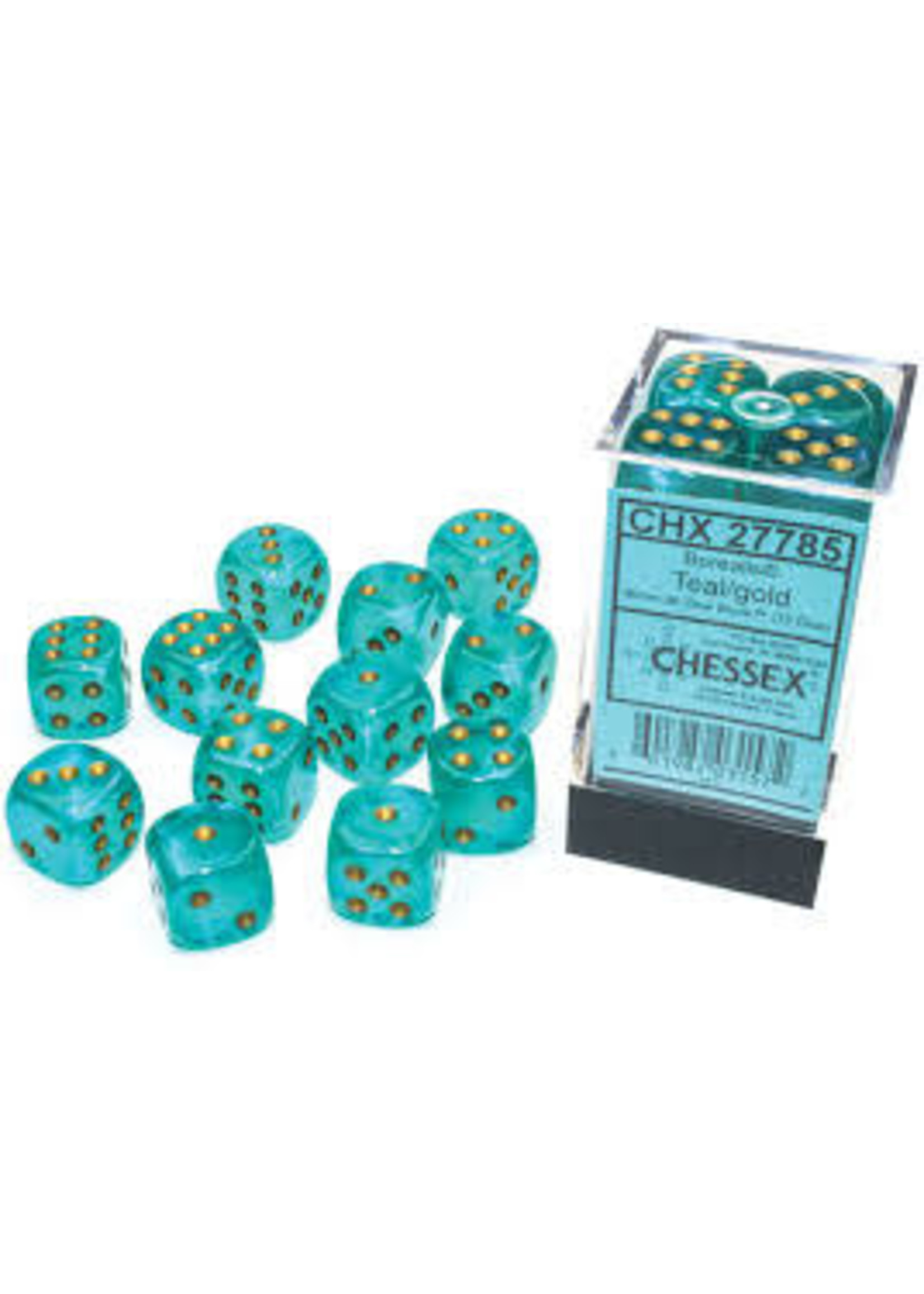 Chessex d6 Cube 16mm Borealis Luminary Teal w/ Gold (12)