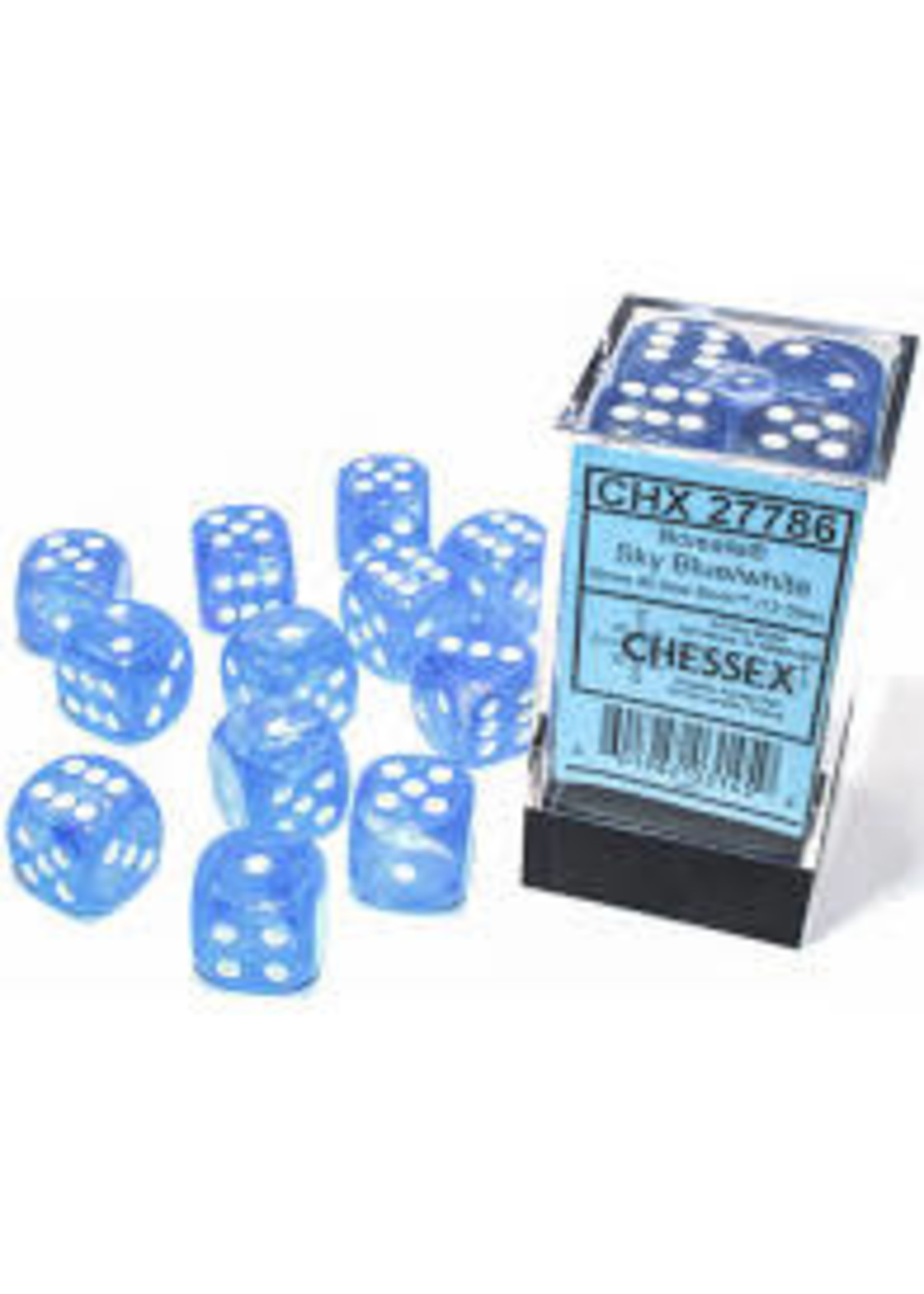 Chessex d6 Cube 16mm Borealis Luminary Sky Blue w/ White (12)