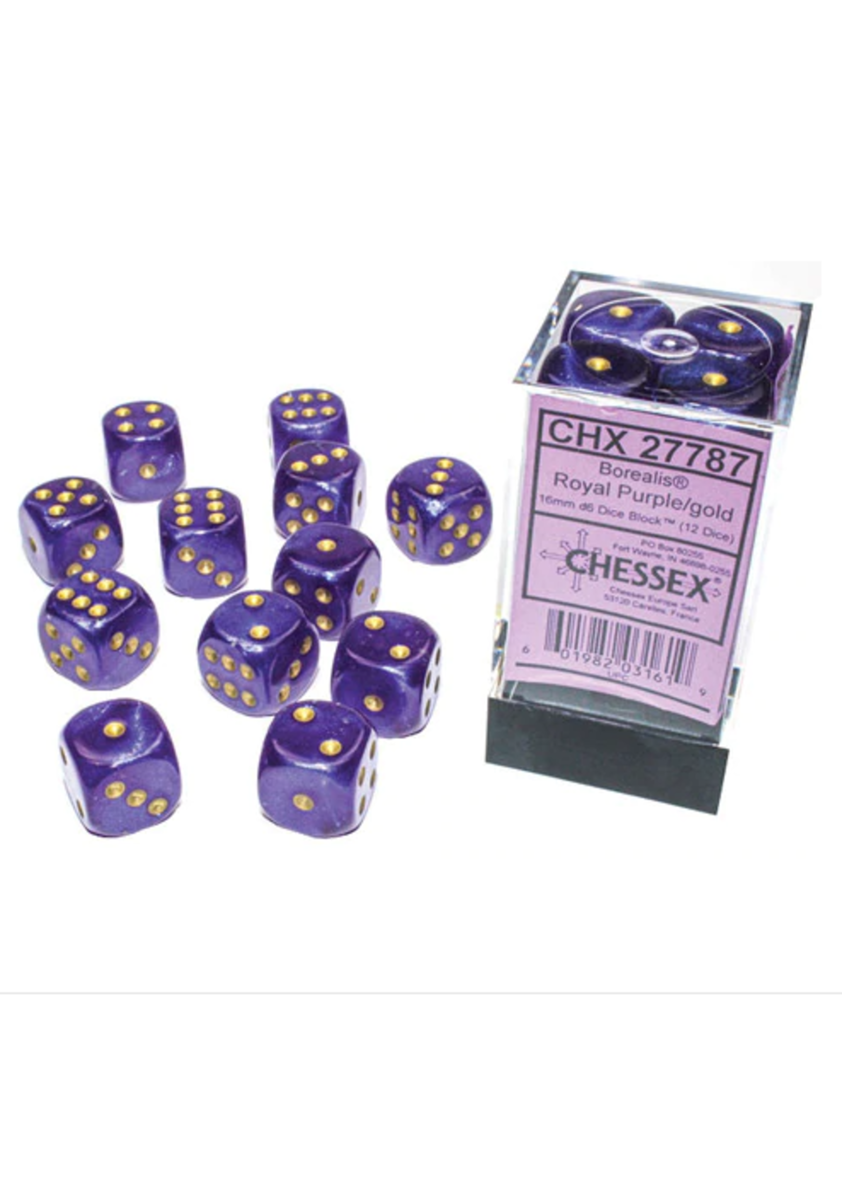 Chessex d6 Cube 16mm Borealis Luminary Royal Purple w/ Gold (12)