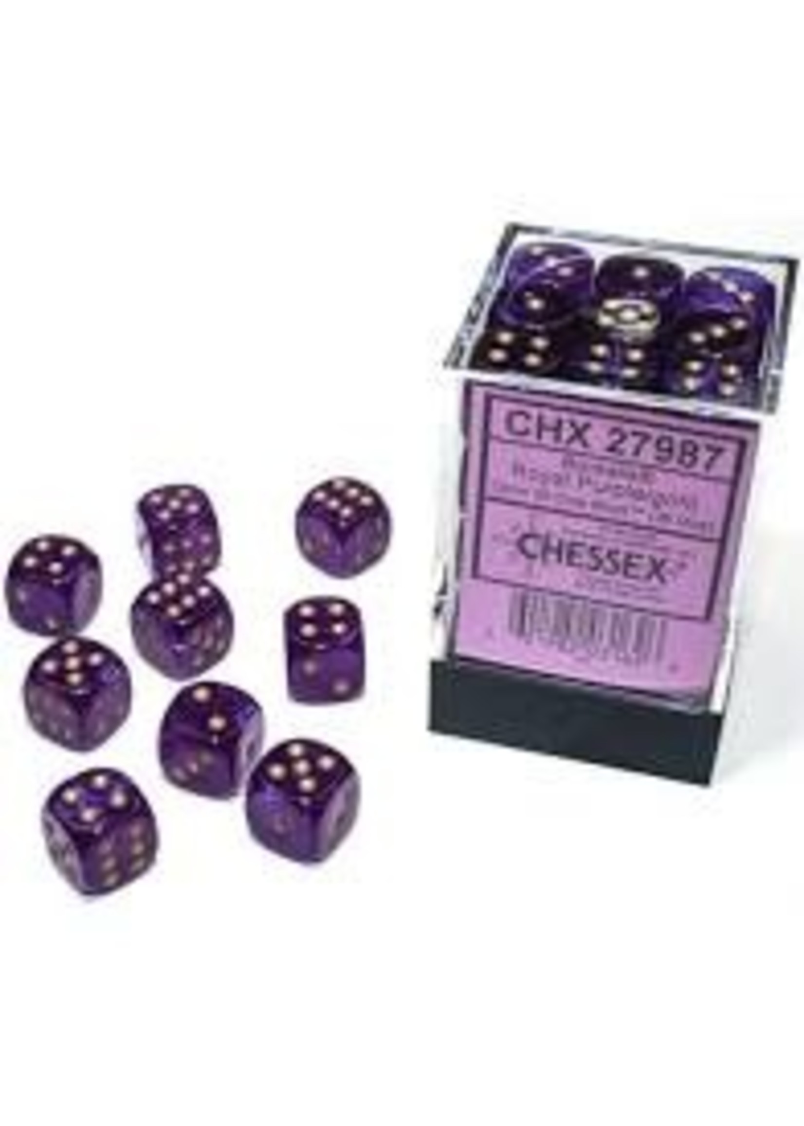 Chessex d6 Cube 12mm Borealis Luminary Royal Purple w/ Gold (36)