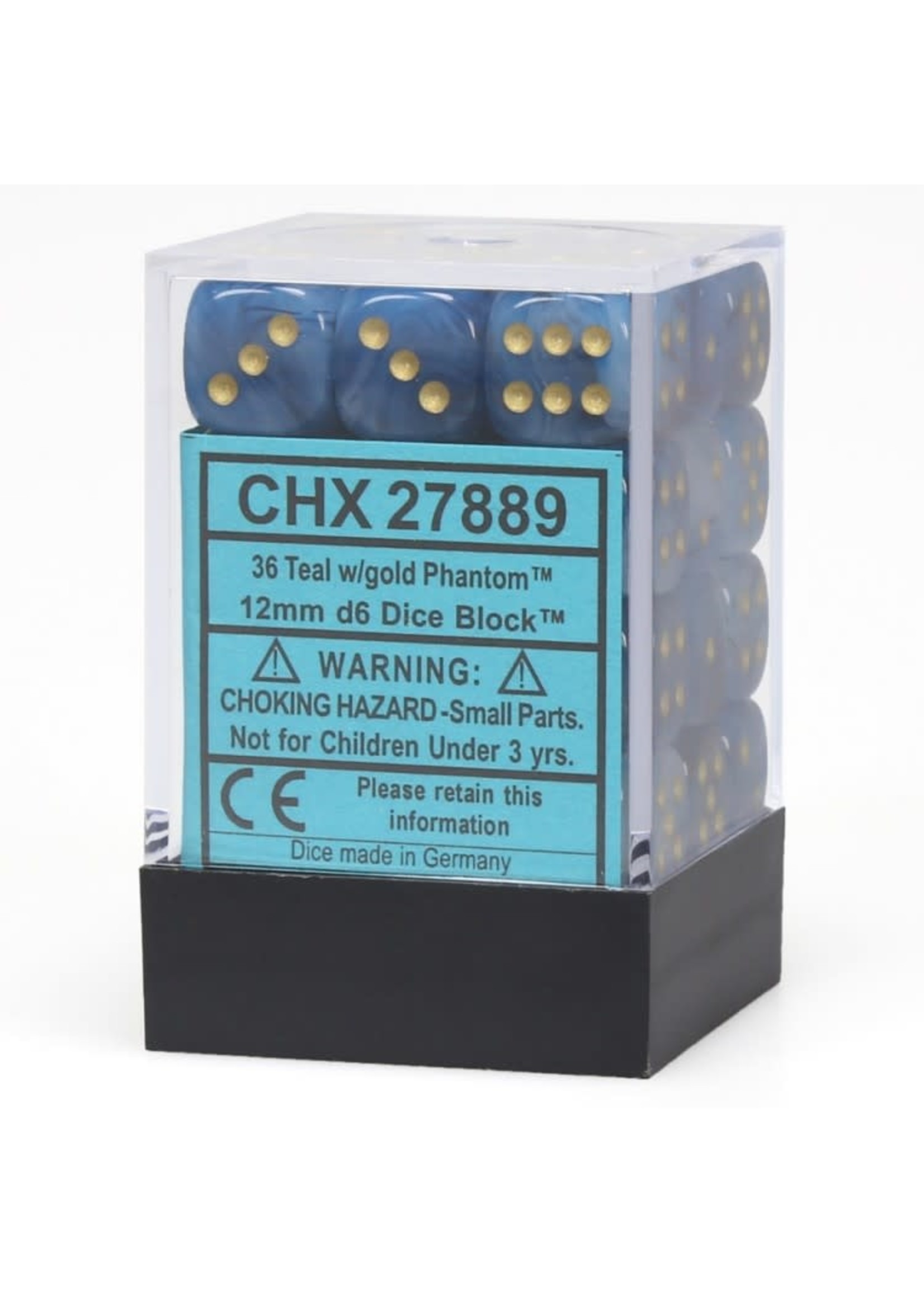 Chessex d6 Cube 12mm Phantom Teal w/ Gold (36)