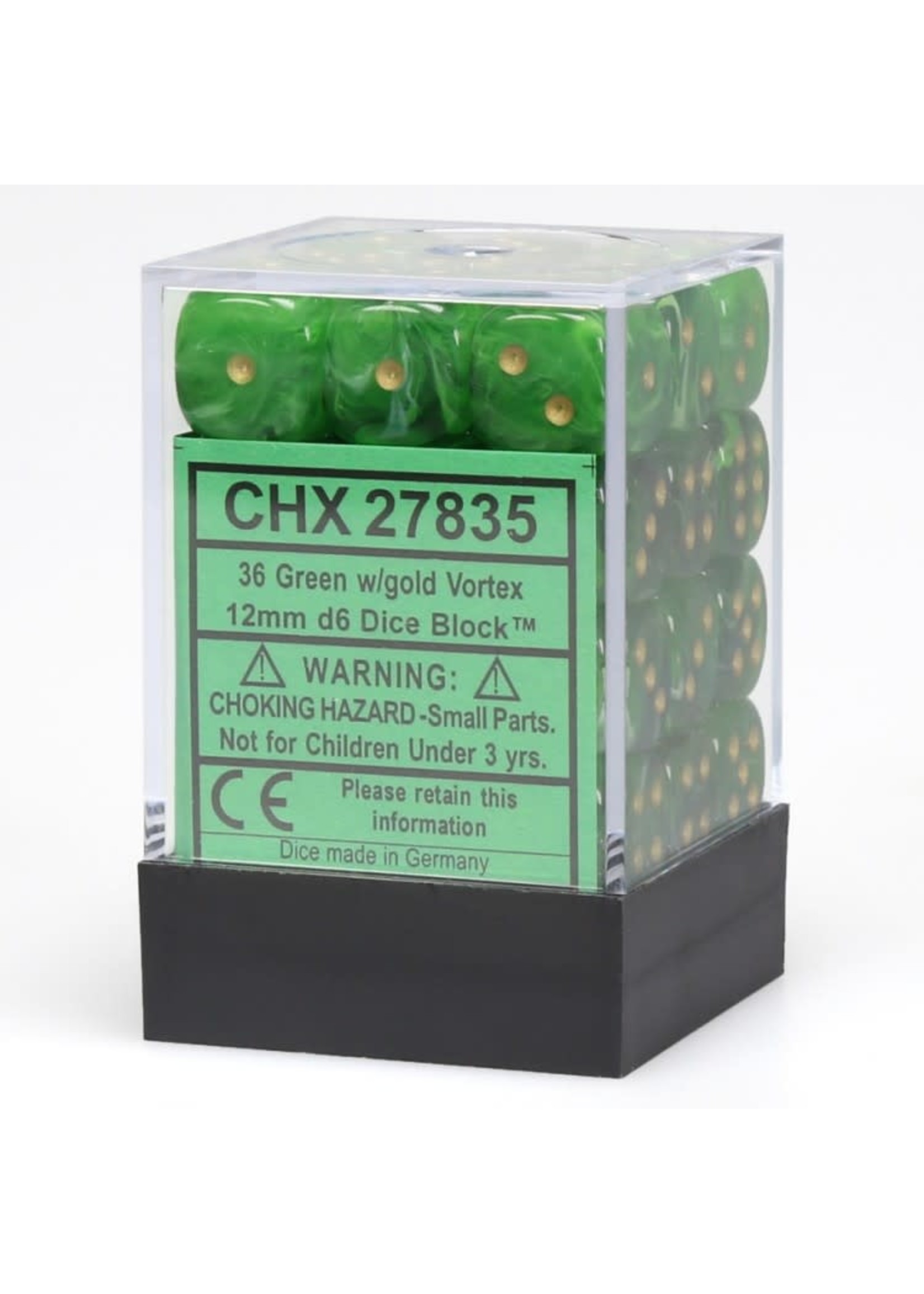 Chessex d6 Cube 12mm Vortex Green w/ Gold (36)