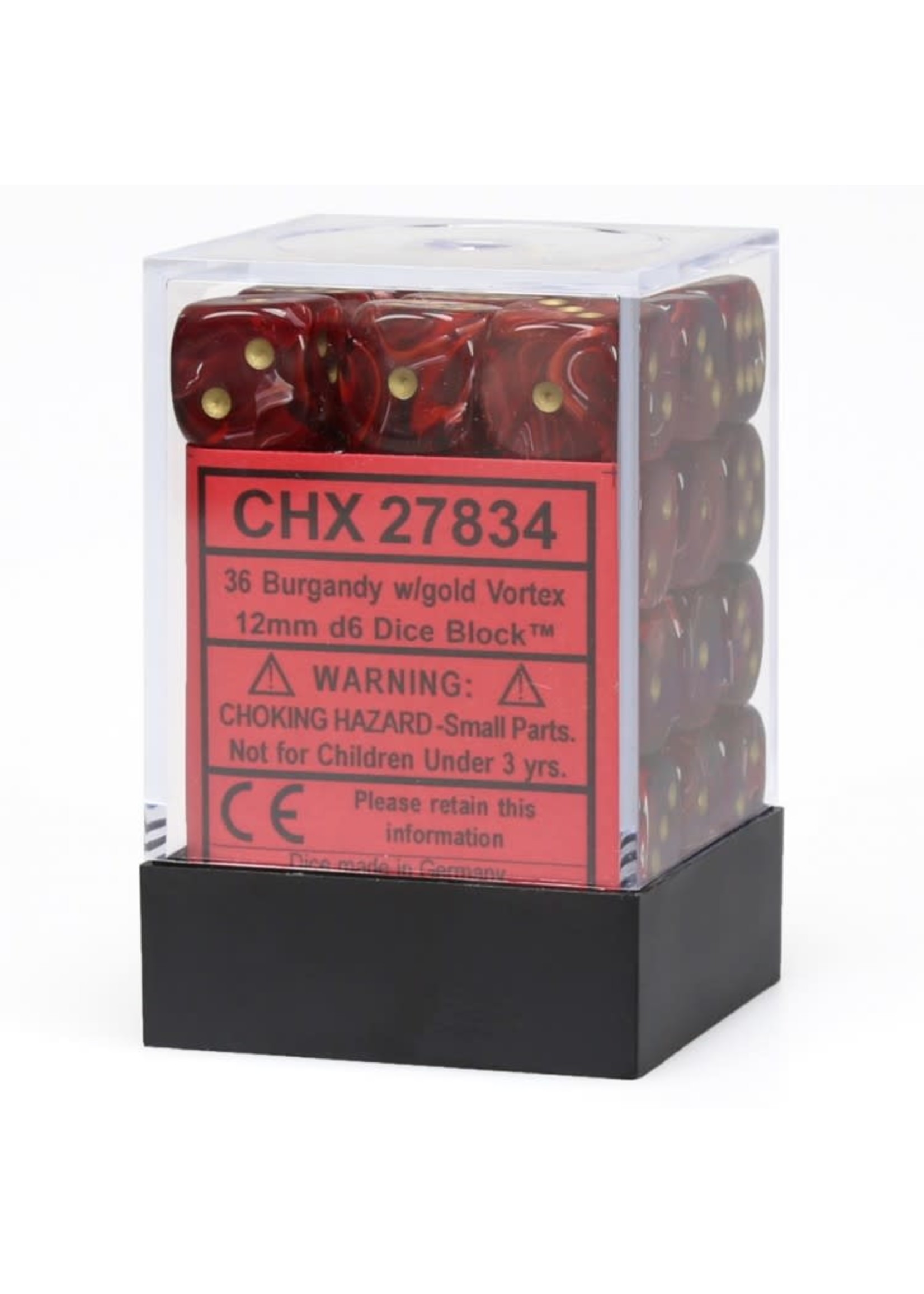 Chessex d6 Cube 12mm Vortex Burgundy w/ Gold (36)