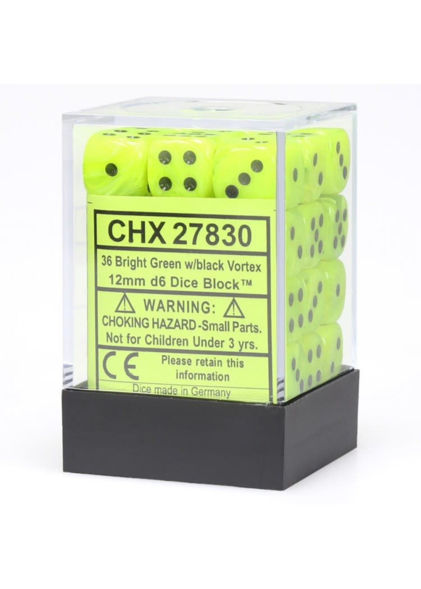 Chessex d6 Cube 12mm Vortex Bright Green w/ Black (36)