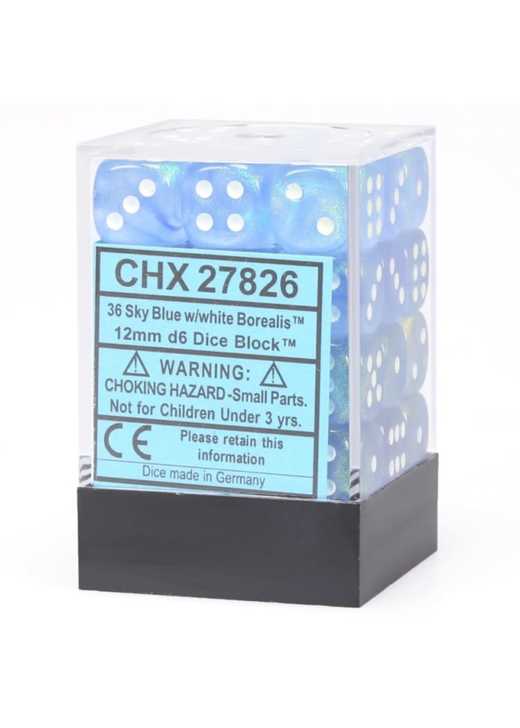 Chessex d6 Cube 12mm Borealis Sky Blue w/ White (36)