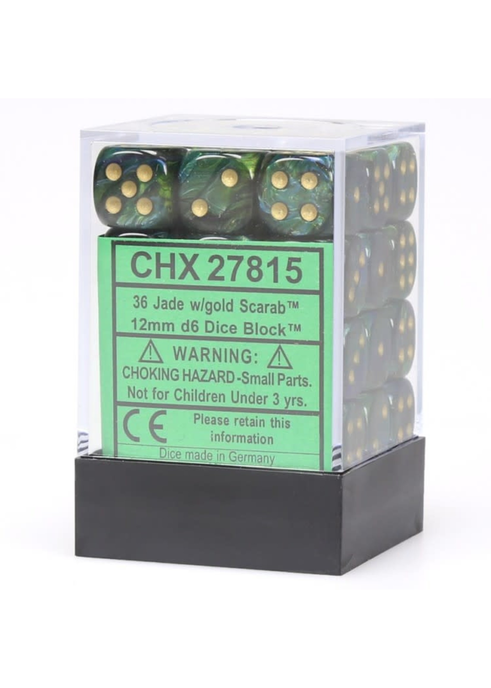 Chessex d6 Cube 12mm Scarab Jade w/ Gold (36)