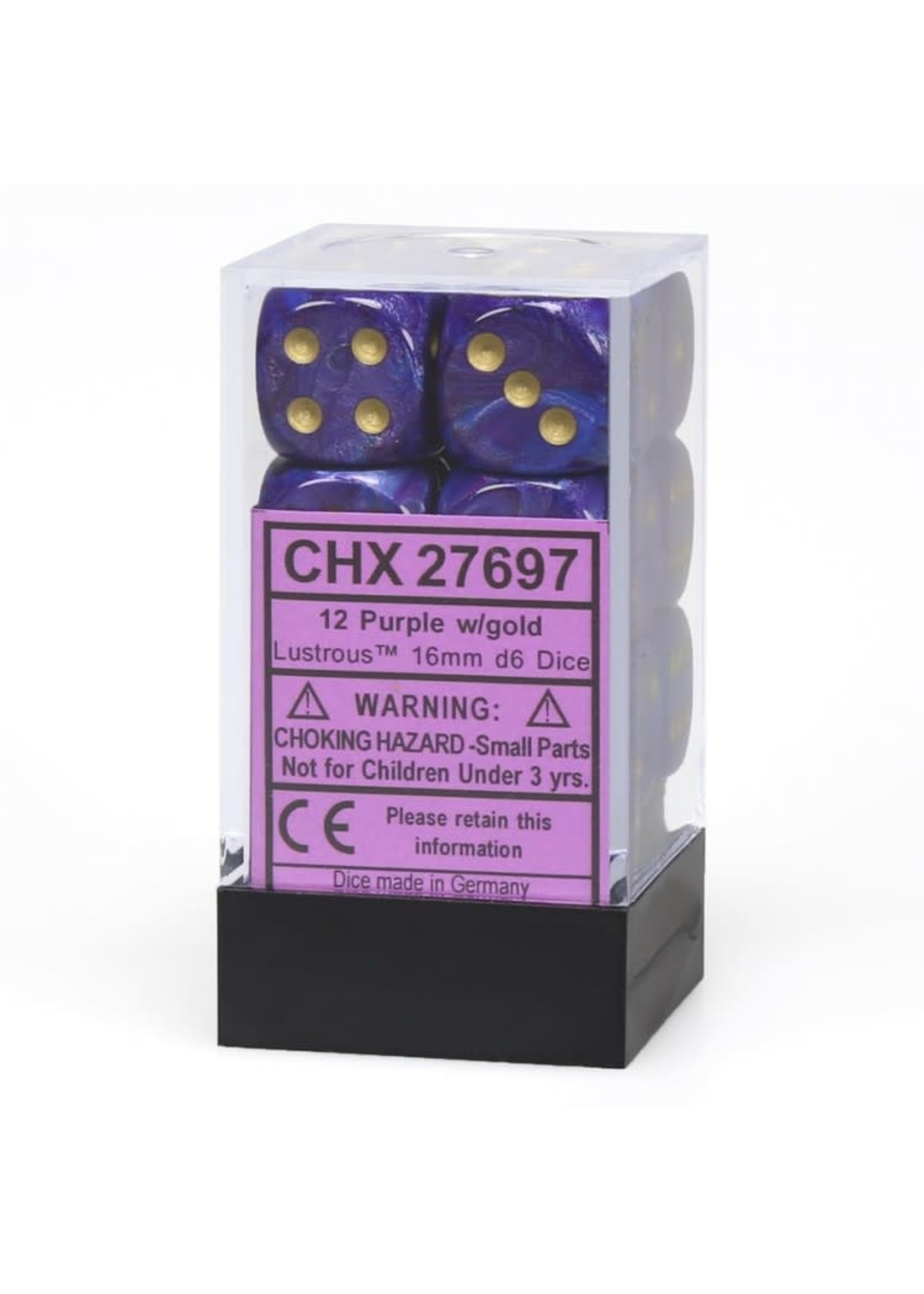 Chessex d6 Cube 16mm Lustrous Purple w/ Gold (12)