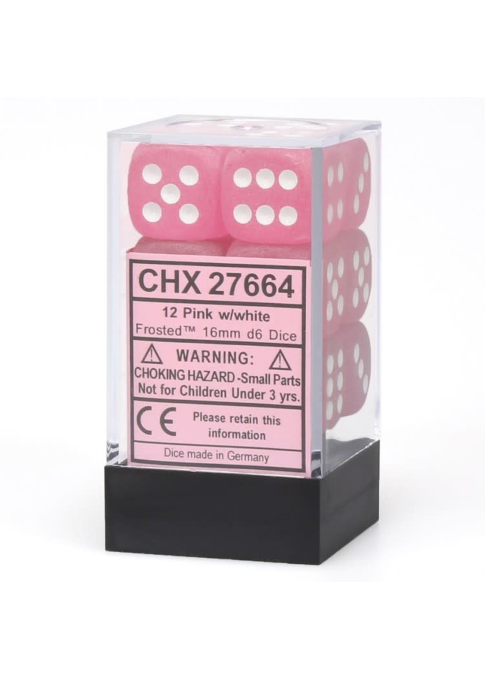 Chessex d6 Cube 16mm Frosted Pink w/ White (12)