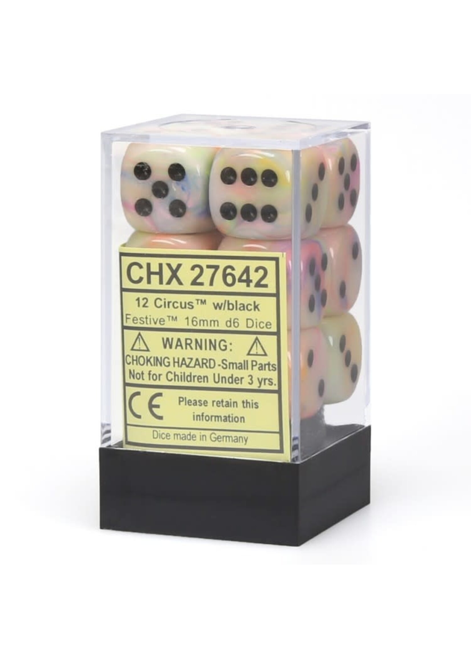 Chessex d6 Cube 16mm Festive Circus w/ Black (12)