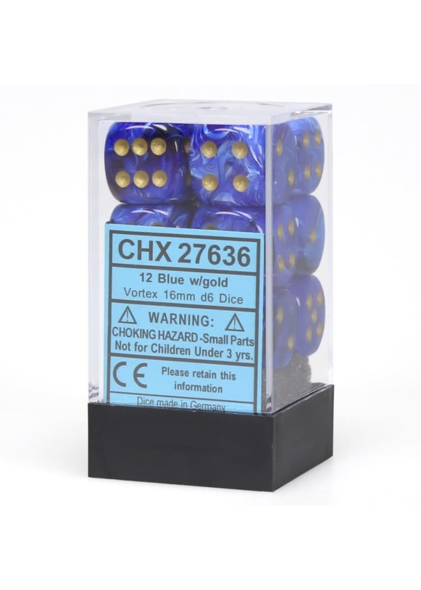 Chessex d6 Cube 16mm Vortex Blue w/ Gold (12)