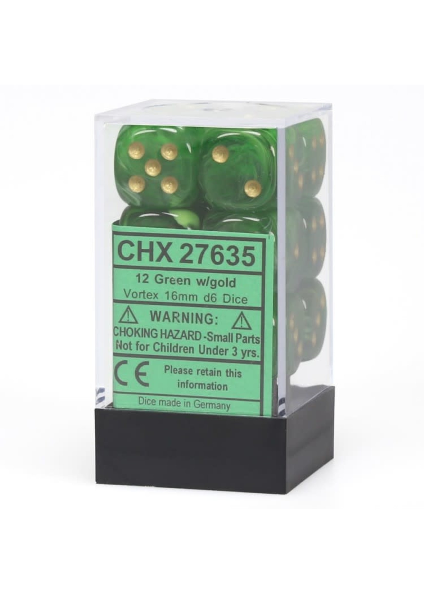 Chessex d6 Cube 16mm Vortex Green w/ Gold (12)