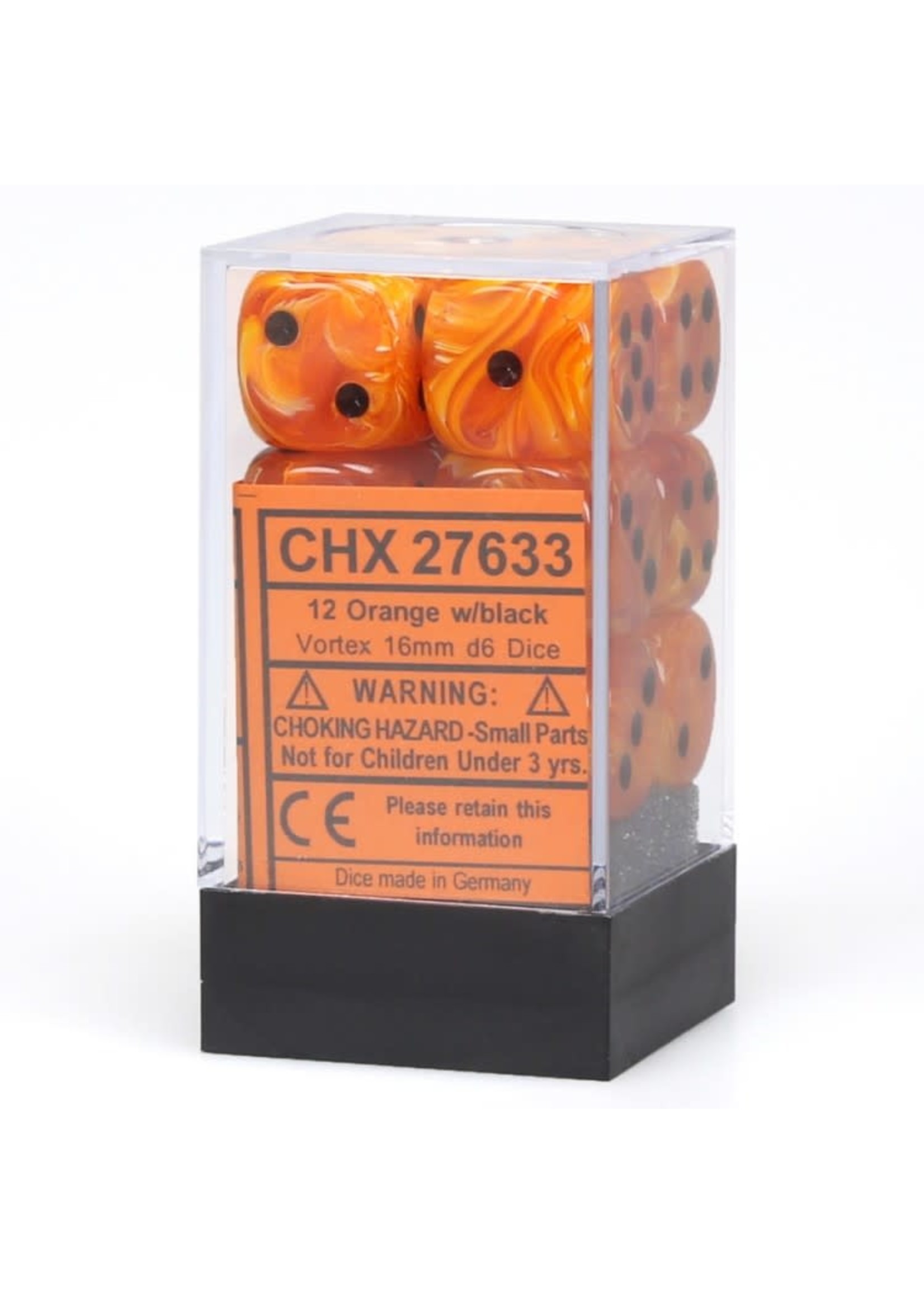 Chessex d6 Cube 16mm Vortex Orange w/ Black (12)