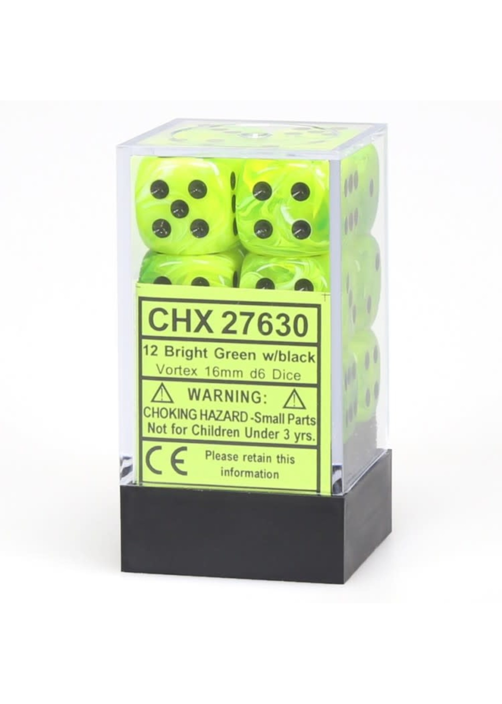 Chessex d6 Cube 16mm Vortex Bright Green w/ Black (12)