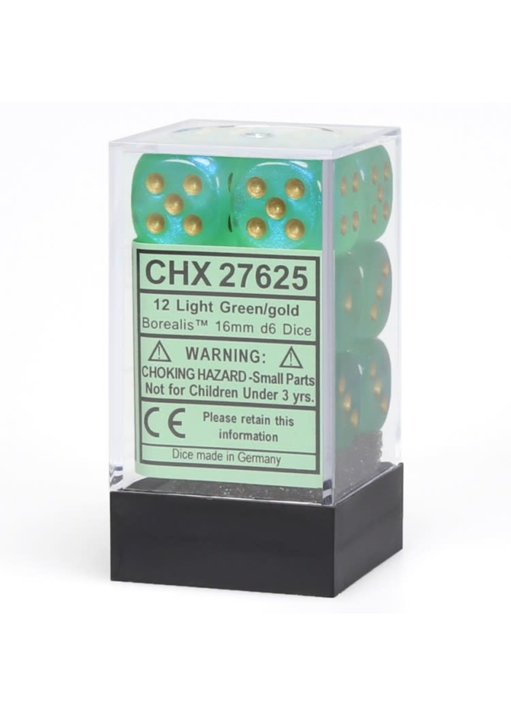 Chessex d6 Cube 16mm Borealis  Light Green w/ Gold (12)