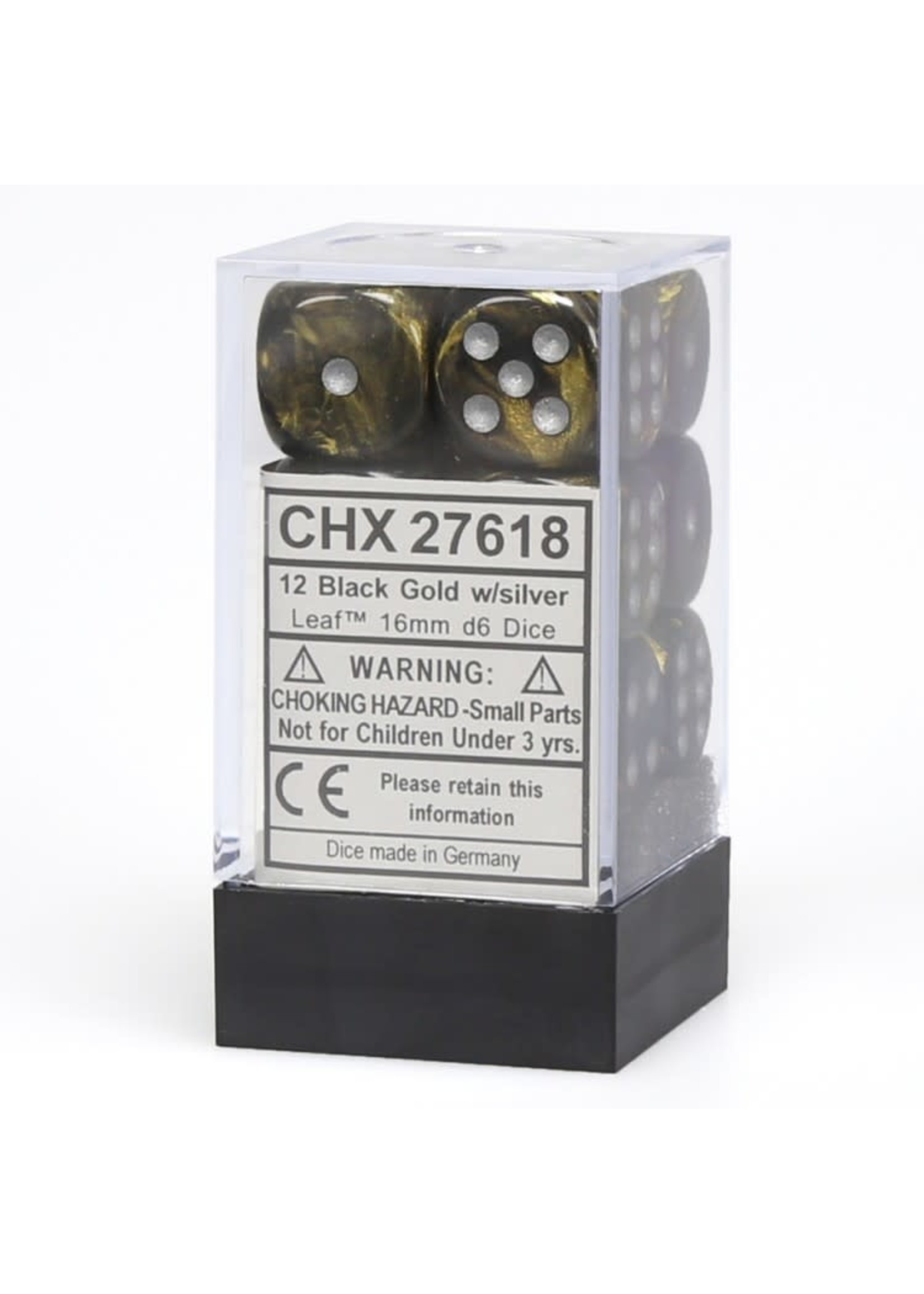 Chessex d6 Cube 16mm Leaf Black & Gold w/ Silver (12)