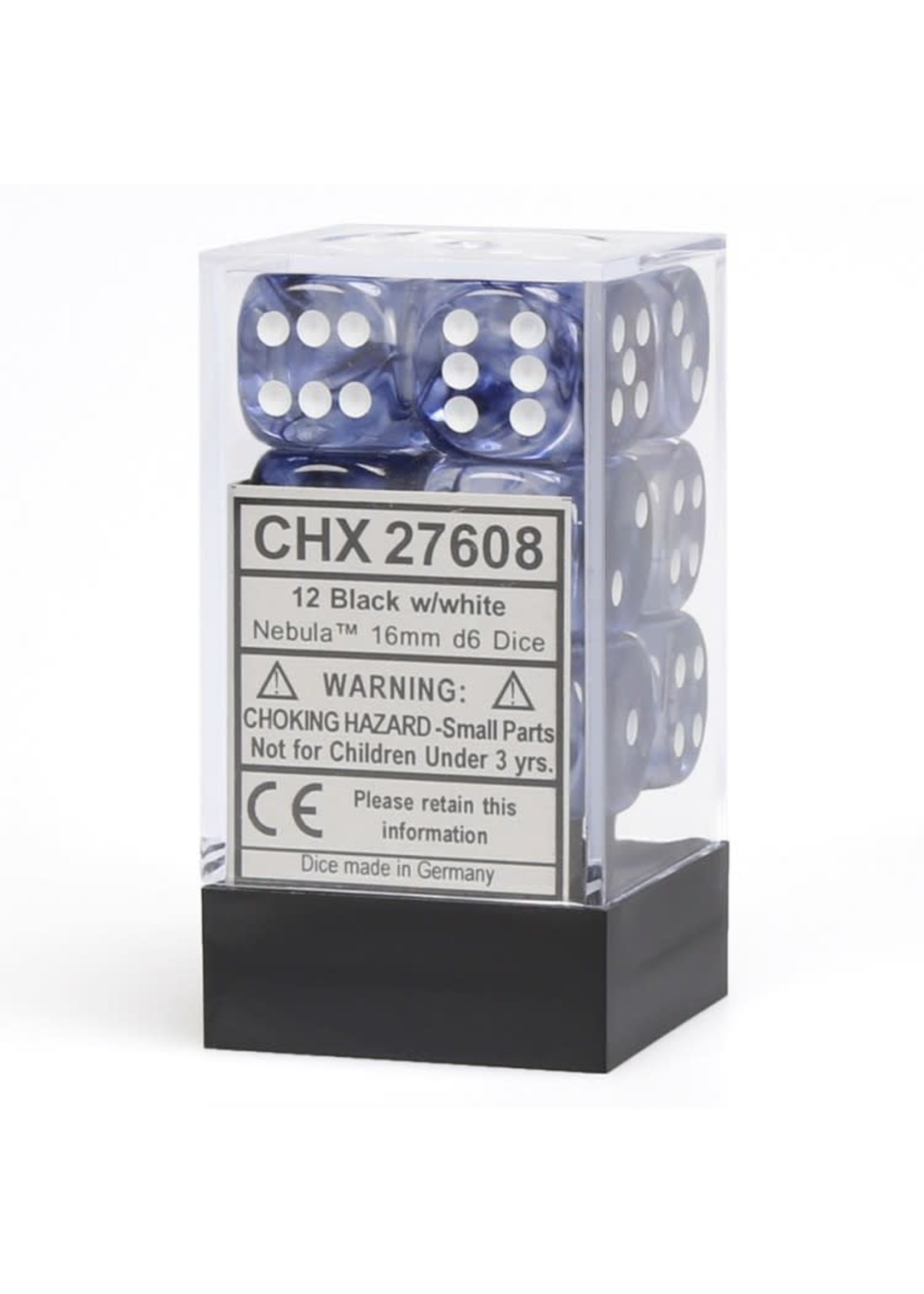 Chessex d6 Cube 16mm Nebula Black w/ White (12)