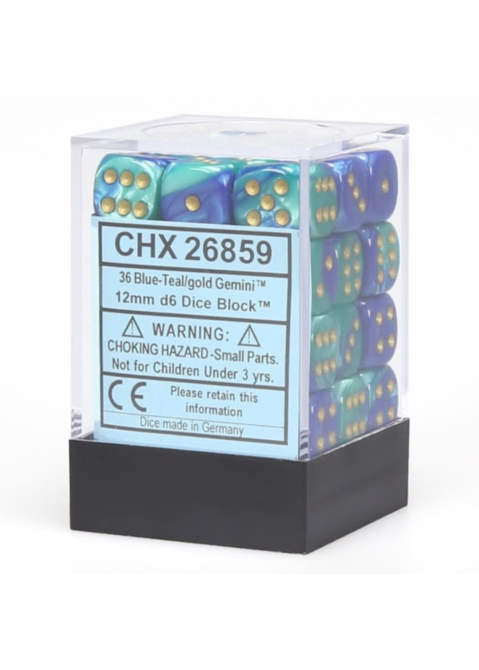 Chessex d6 Cube 12mm Gemini Blue & Teal w/ Gold (36)