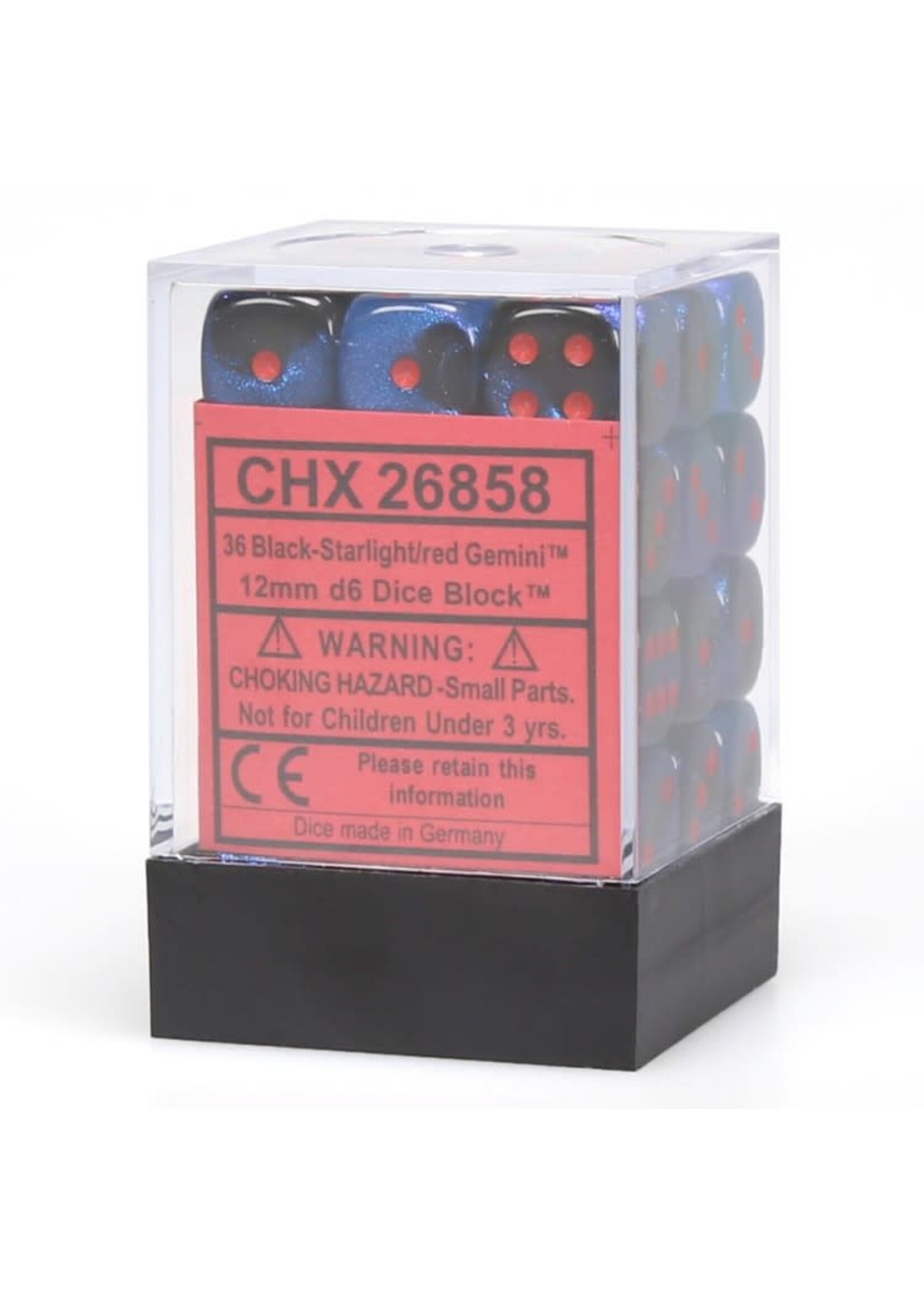 Chessex d6 Cube 12mm Gemini Black & Starlight w/ Red (36)