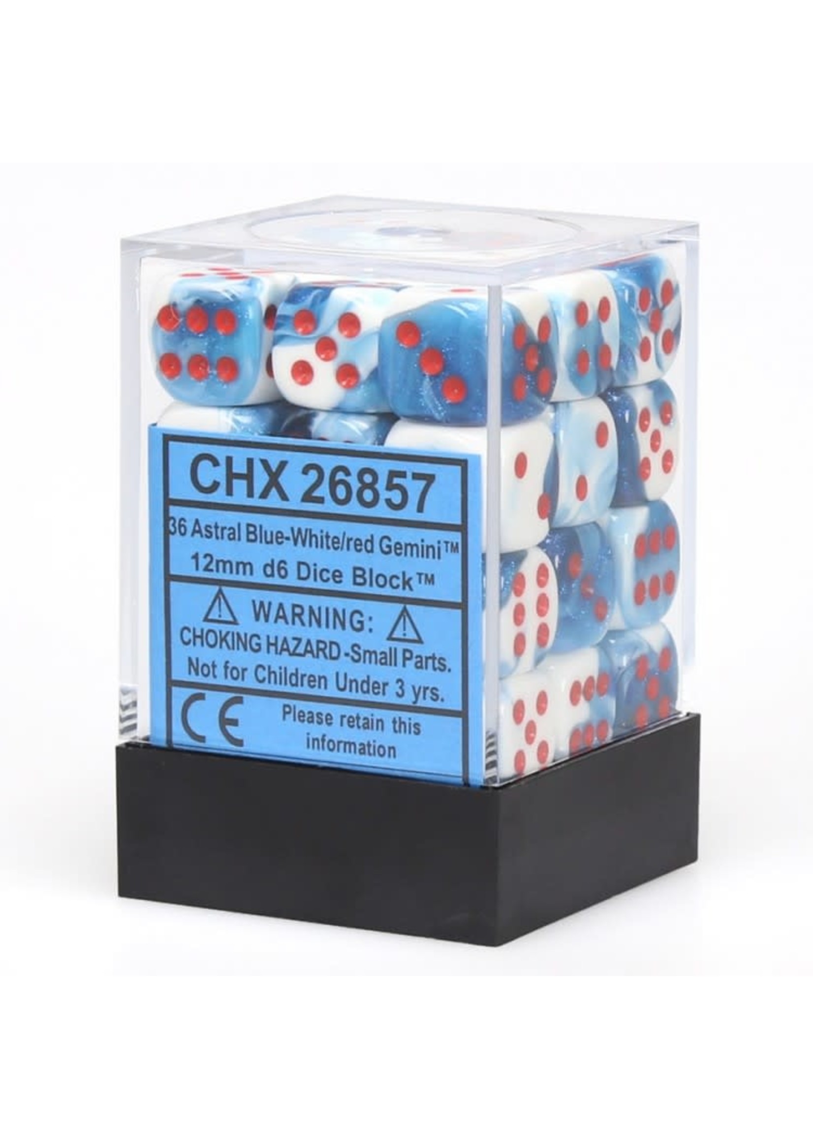 Chessex d6 Cube 12mm Gemini Astral Blue & White w/ Red (36)