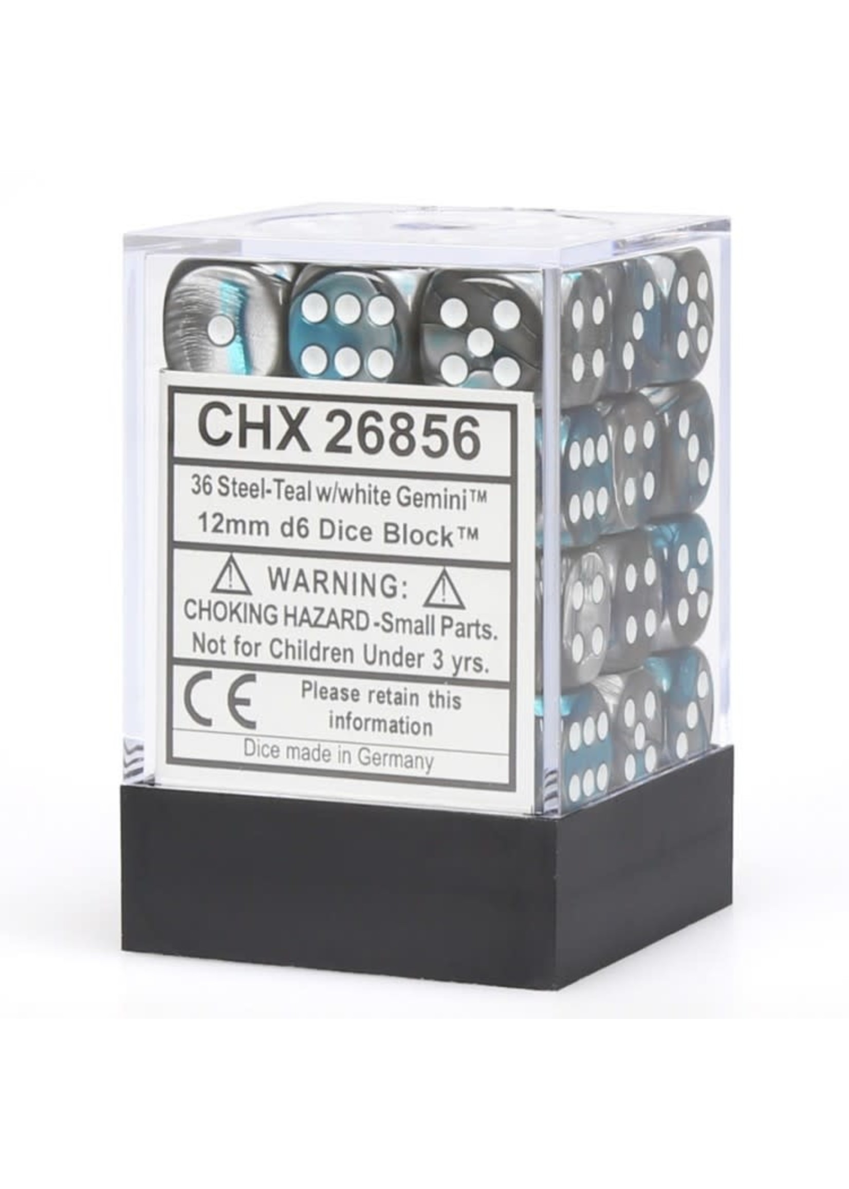 Chessex d6 Cube 12mm Gemini Steel & Teal w/ White (36)