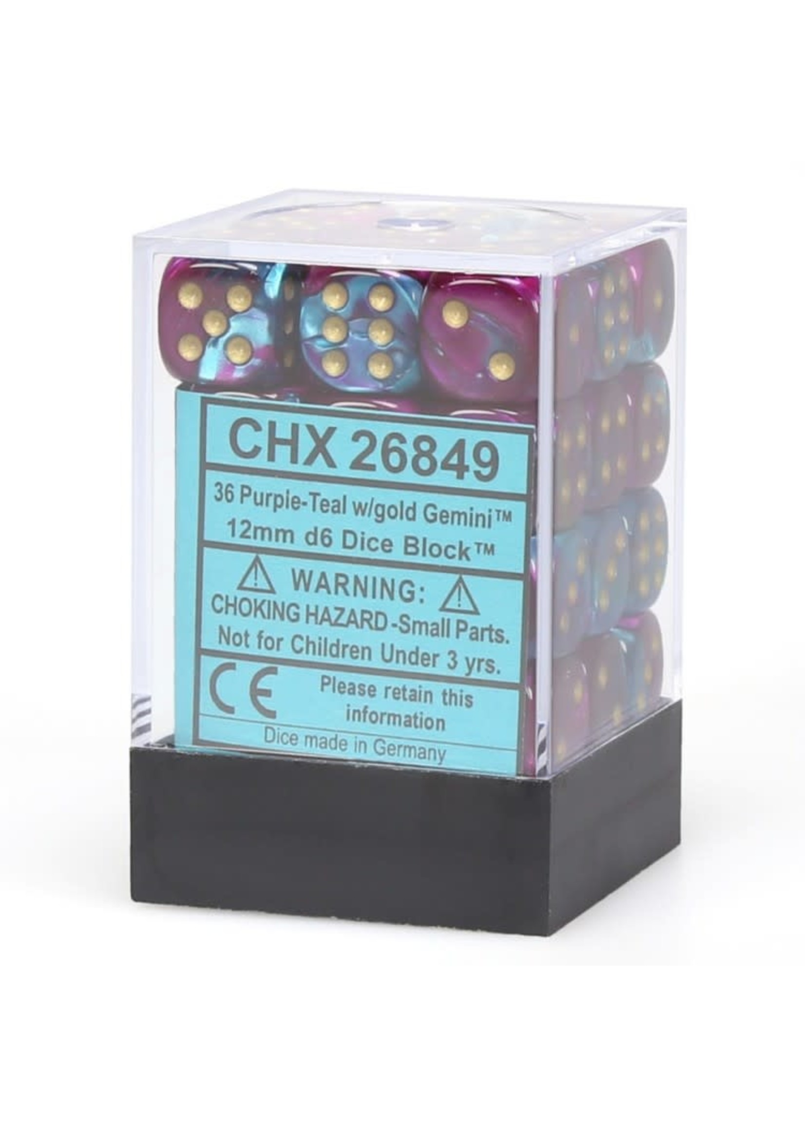 Chessex d6 Cube 12mm Gemini Purple & Teal w/ Gold (36)
