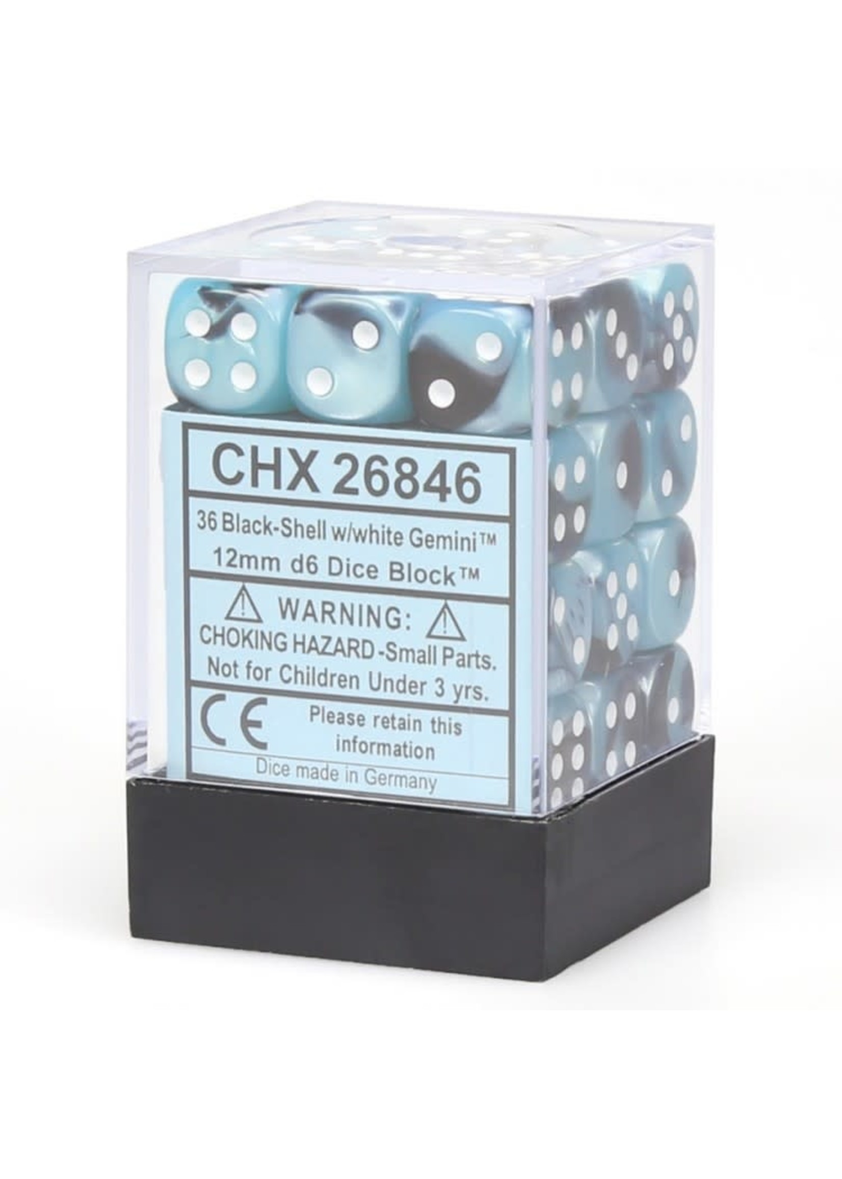 Chessex d6 Cube 12mm Gemini Black & Shell w/ White (36)