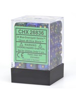 Chessex d6 Cube 12mm Gemini Blue & Green w/ Gold (36)