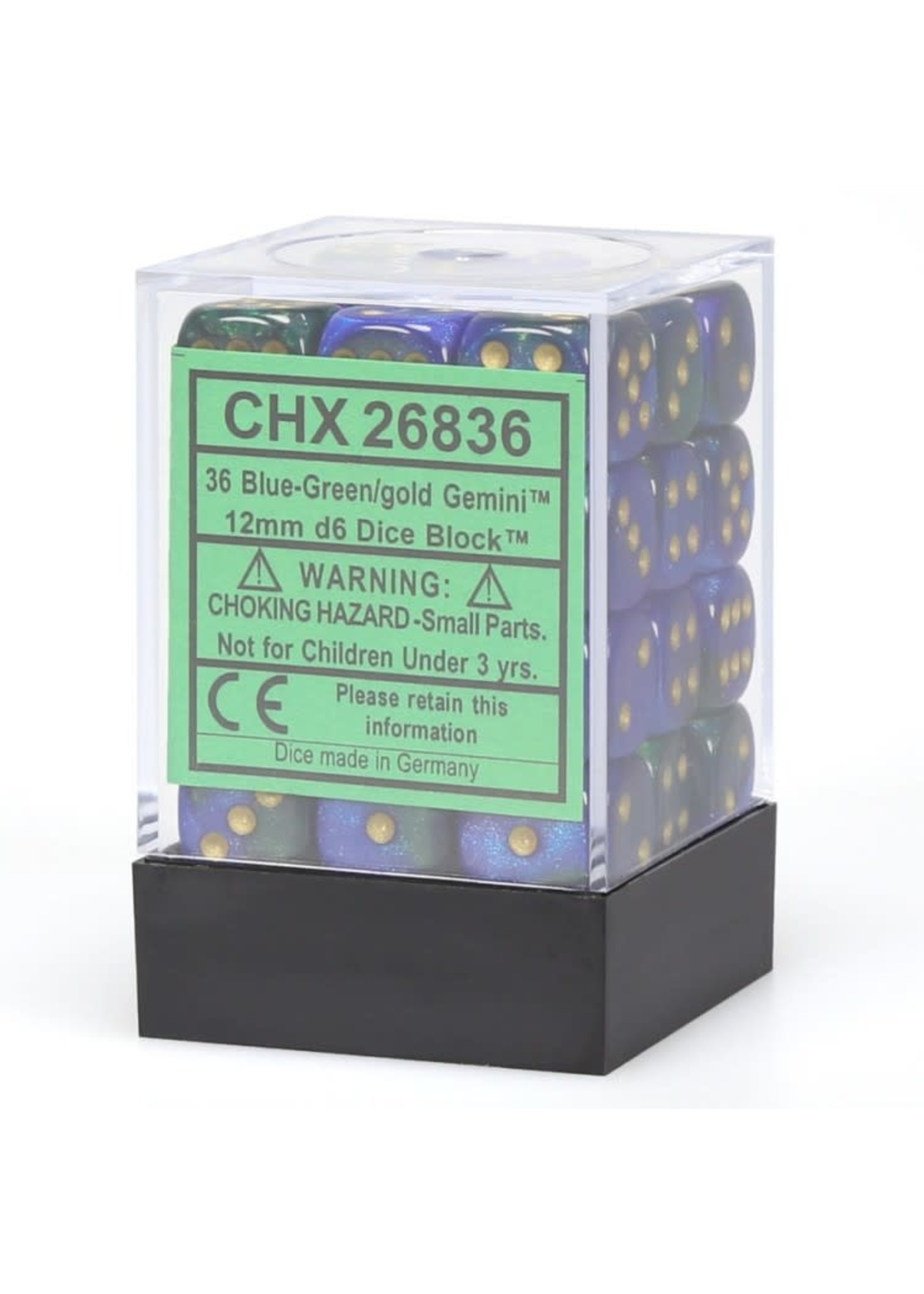 Chessex d6 Cube 12mm Gemini Blue & Green w/ Gold (36)