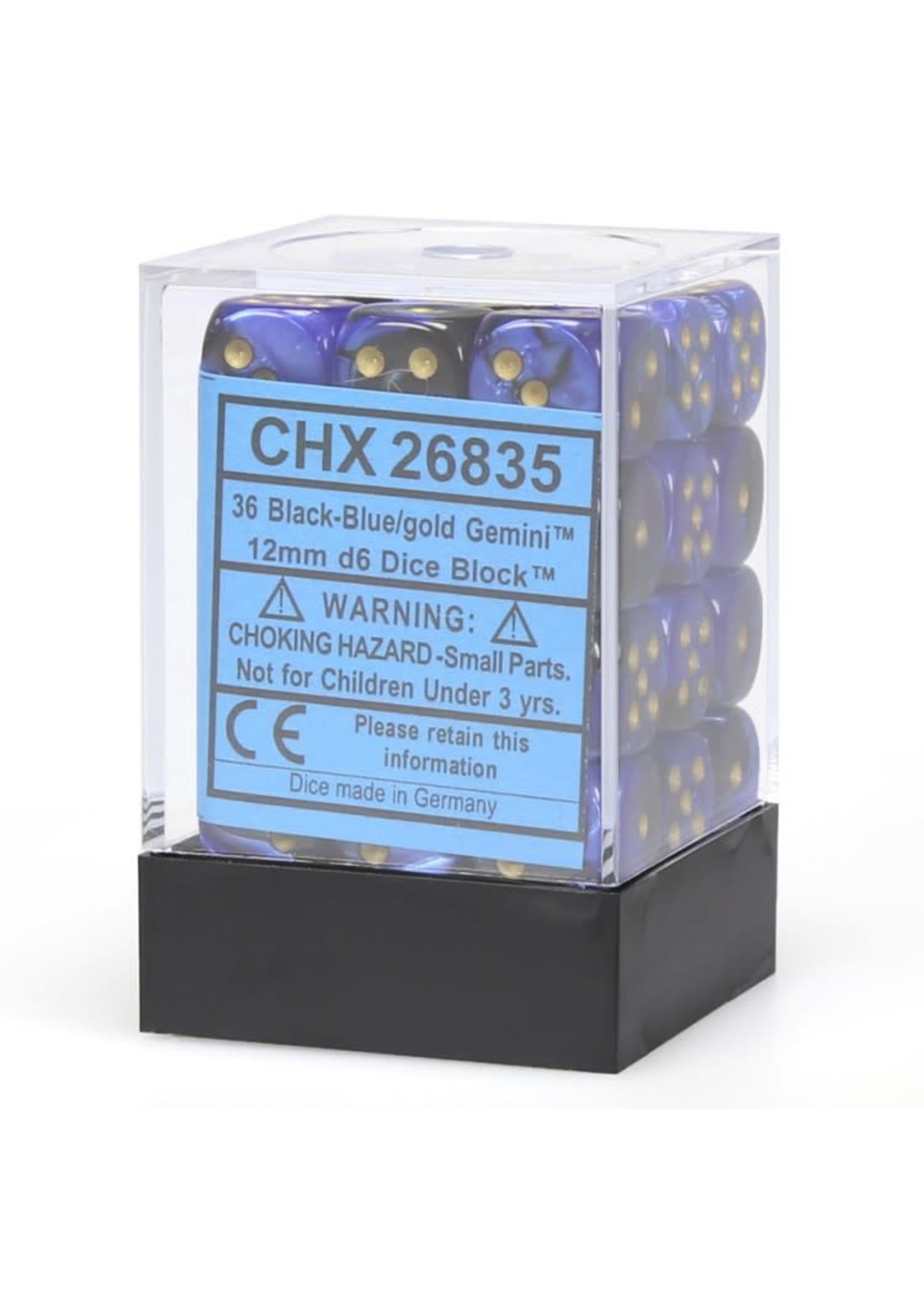 Chessex d6 Cube 12mm Gemini Black & Blue w/ Gold (36)
