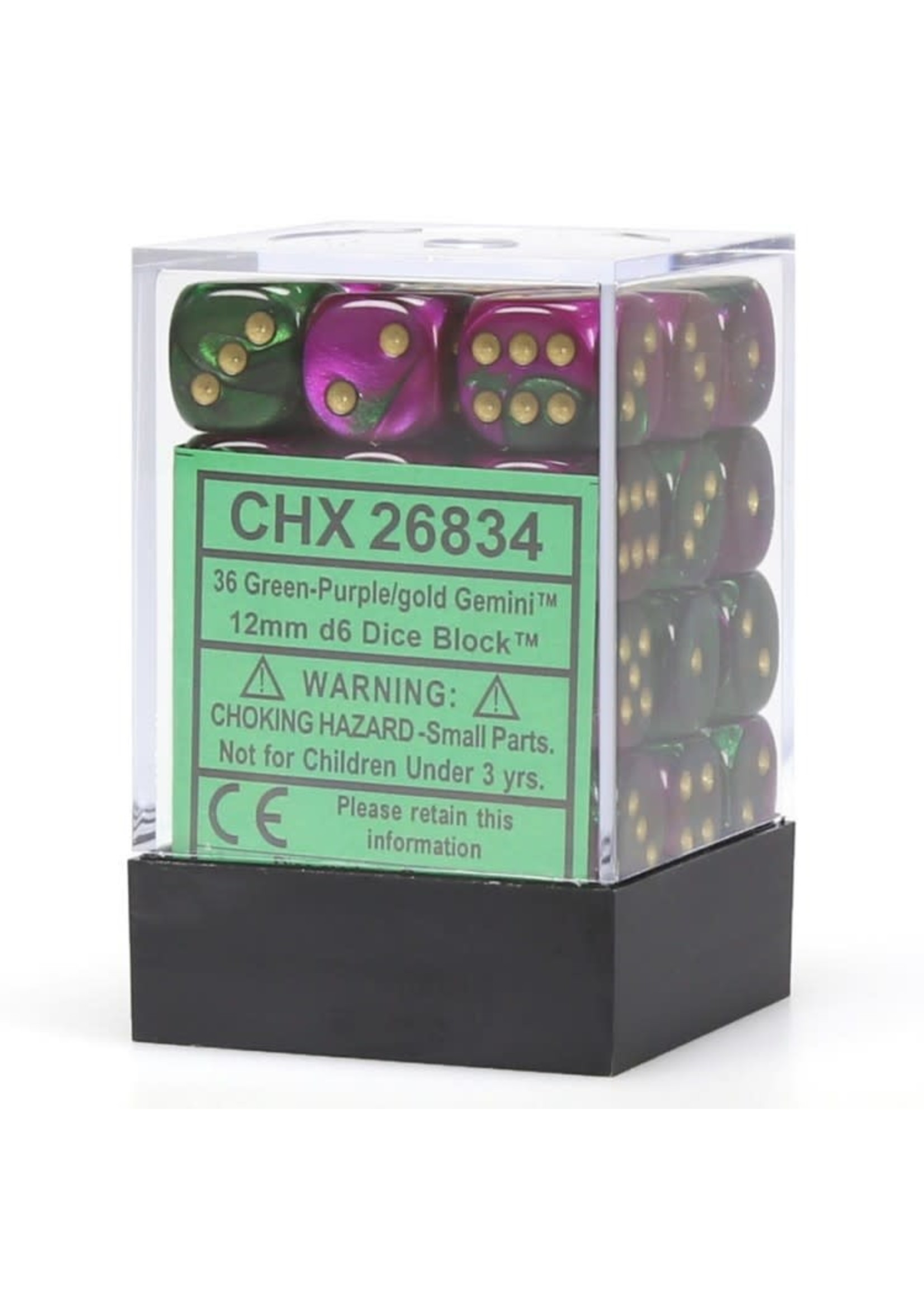 Chessex d6 Cube 12mm Gemini Green & Purple w/ Gold (36)