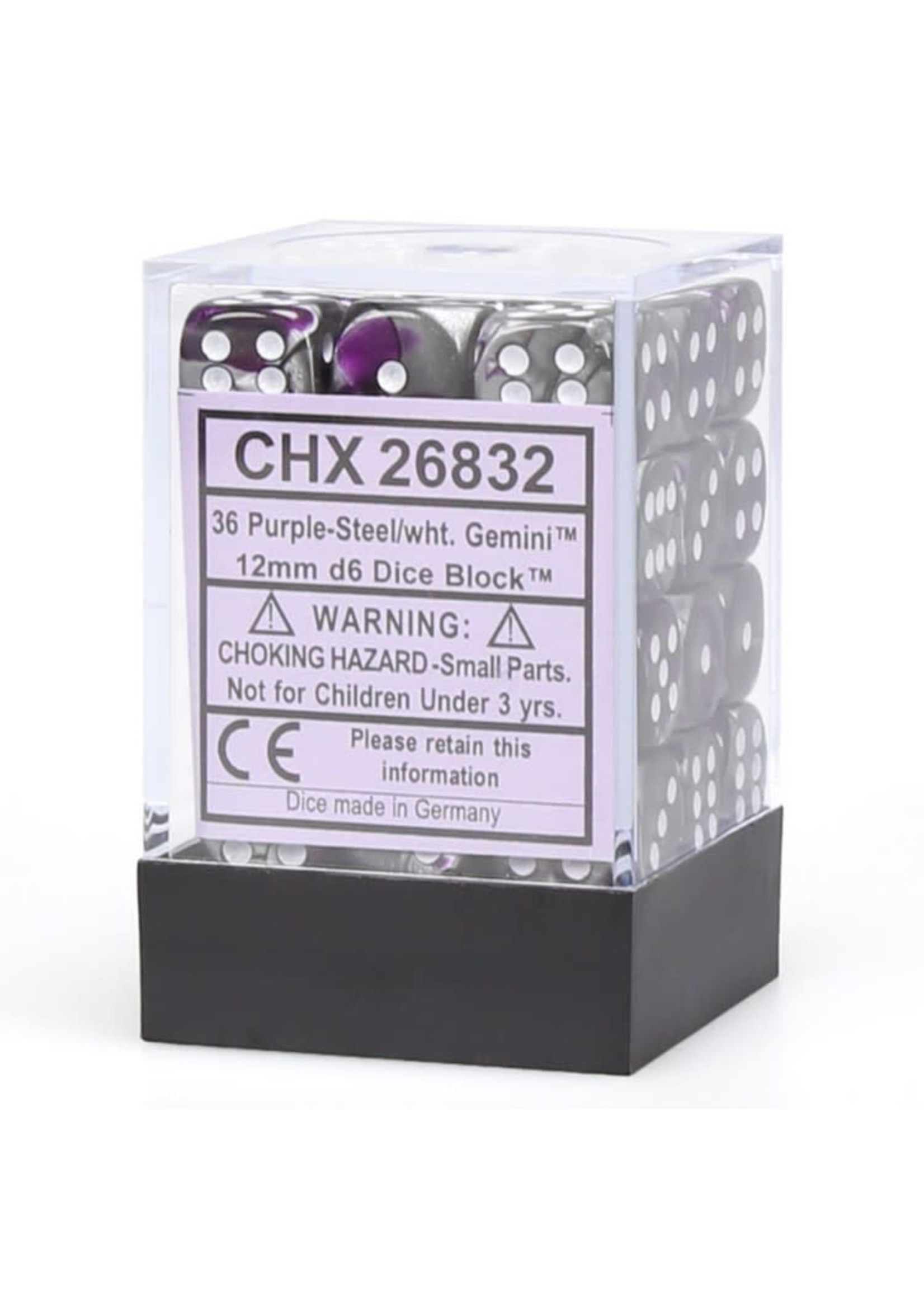Chessex d6 Cube 12mm Gemini Purple & Steel w/ White (36)