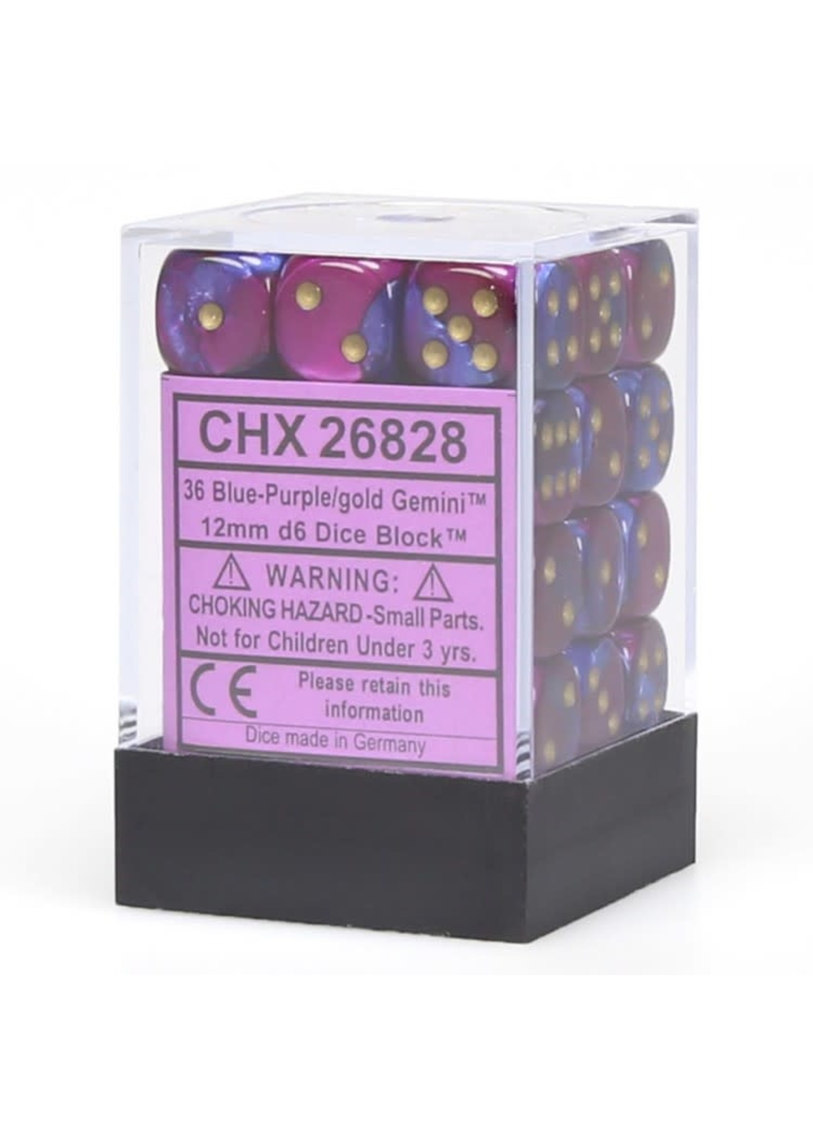Chessex d6 Cube 12mm Gemini Blue & Purple w/ Gold (36)