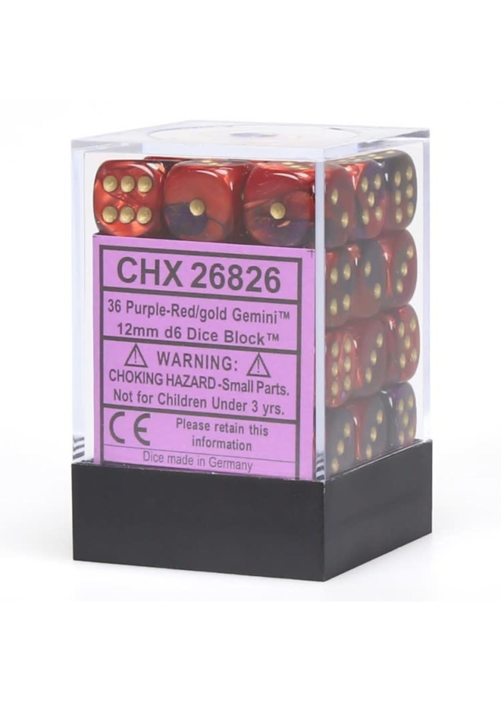 Chessex d6 Cube 12mm Gemini Purple & Red w/ Gold (36)