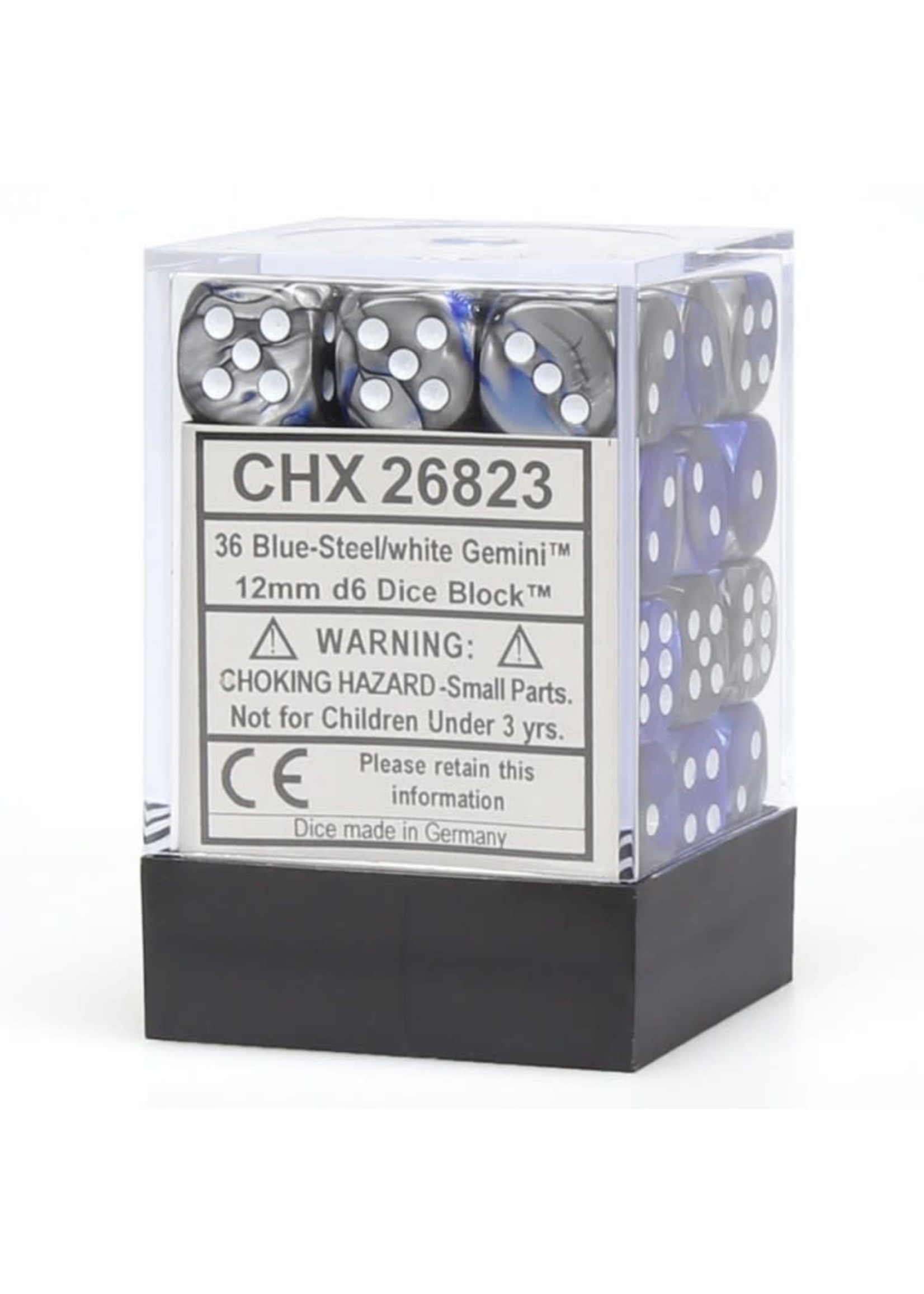 Chessex d6 Cube 12mm Gemini Blue & Silver w/ White (36)