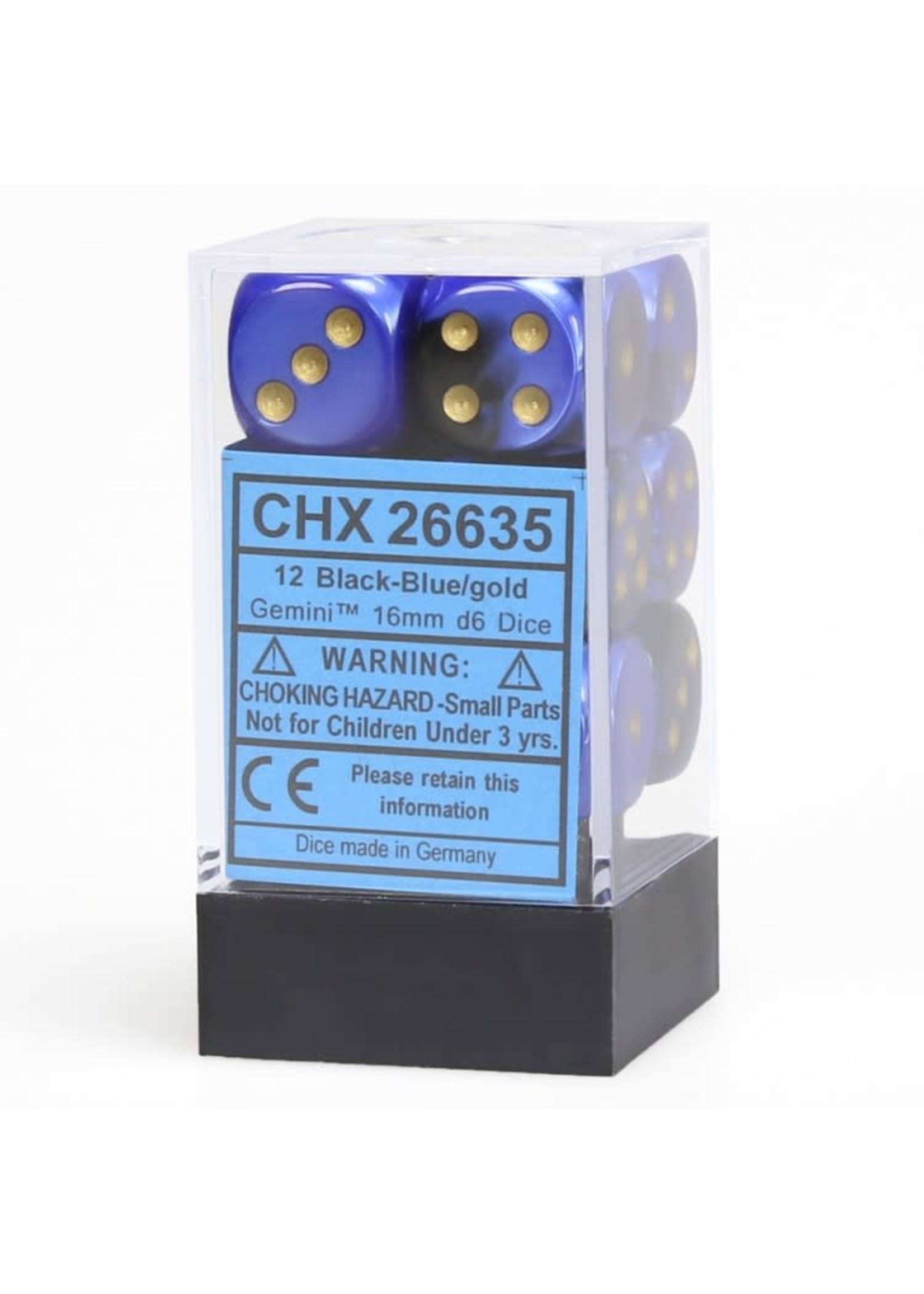 Chessex d6 Cube 16mm Gemini Black & Blue w/ Gold (12)