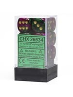 Chessex d6 Cube 16mm Gemini Green & Purple w/ Gold (12)