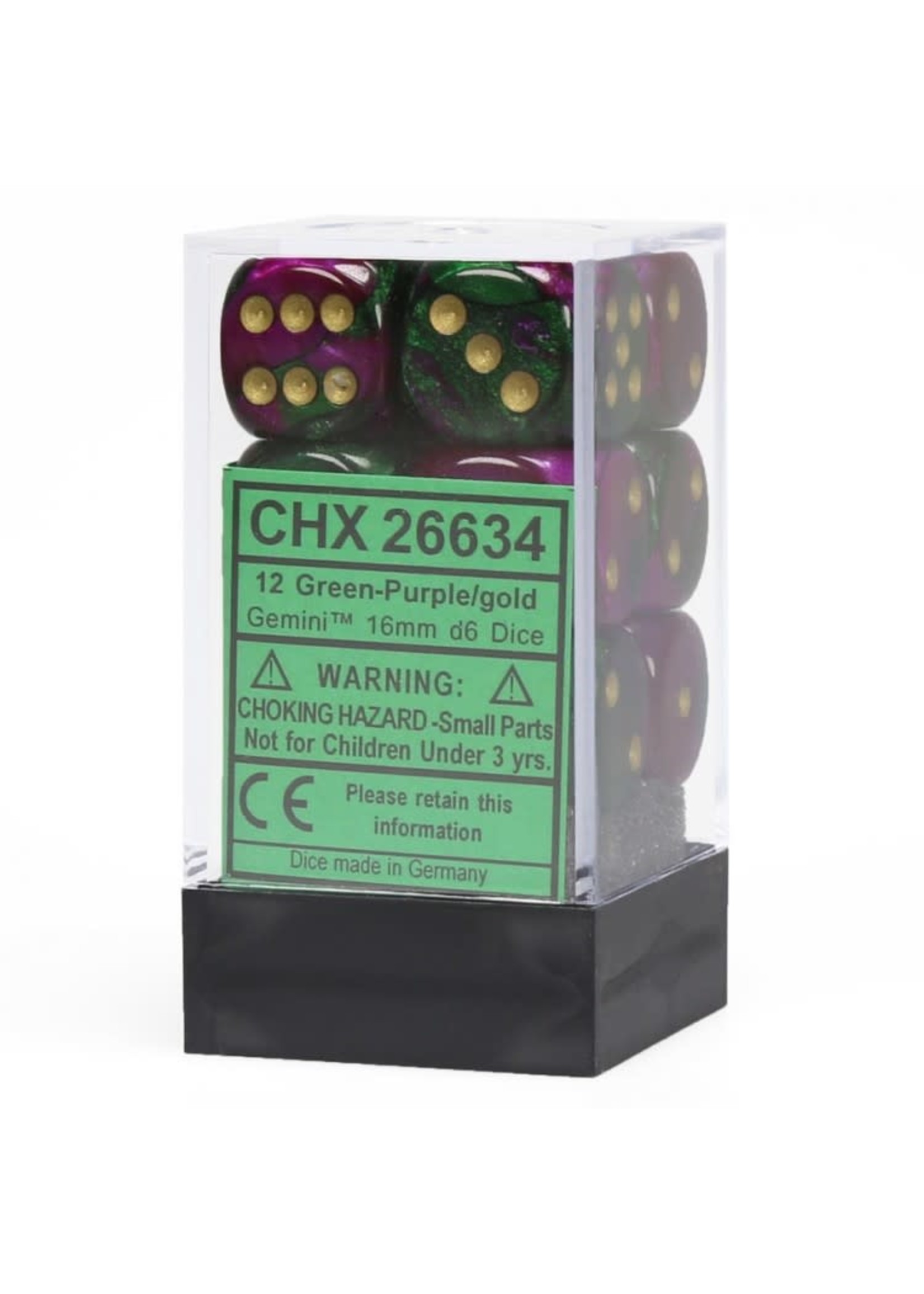 Chessex d6 Cube 16mm Gemini Green & Purple w/ Gold (12)