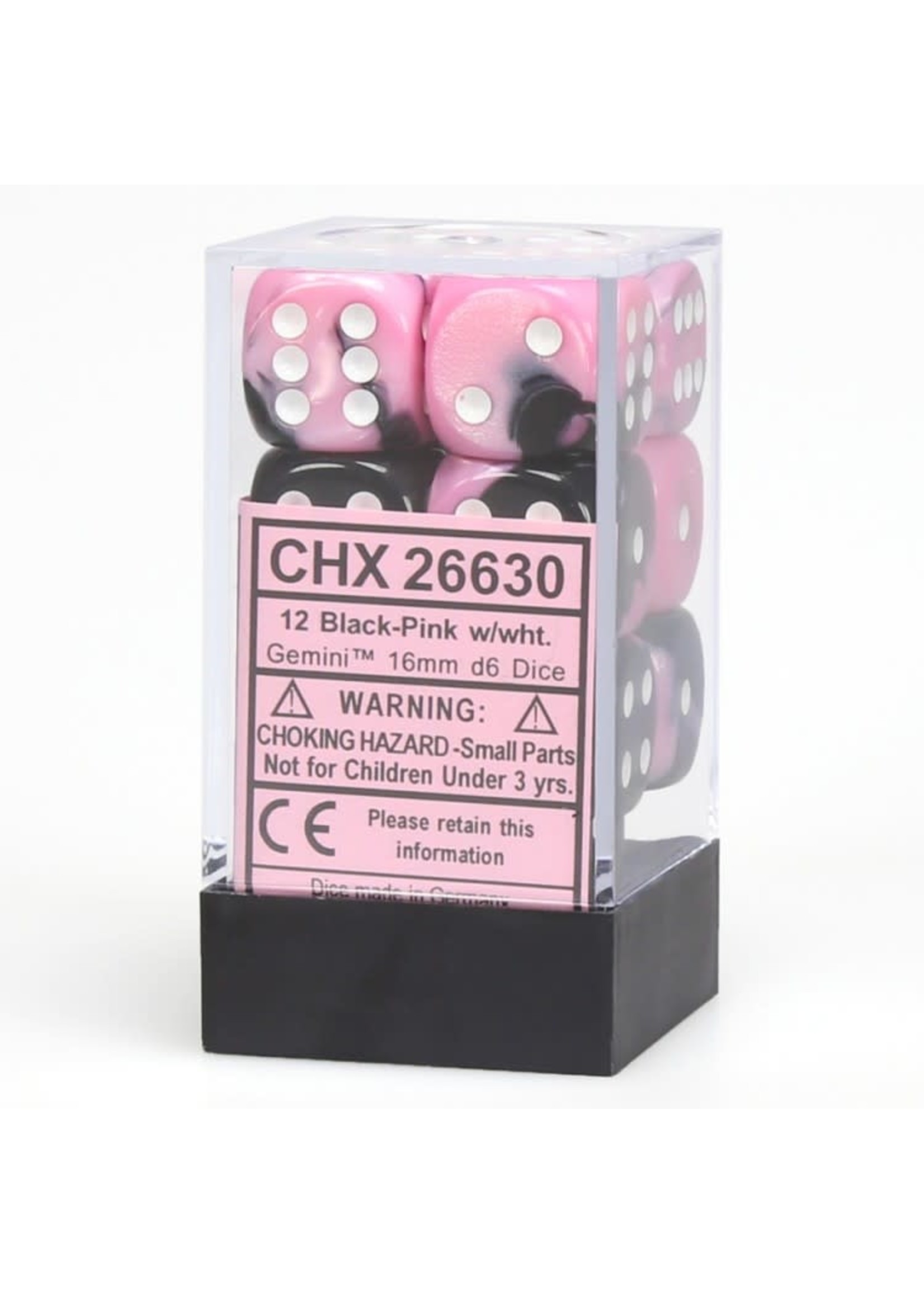 Chessex d6 Cube 16mm Gemini Black & Pink w/ White (12)