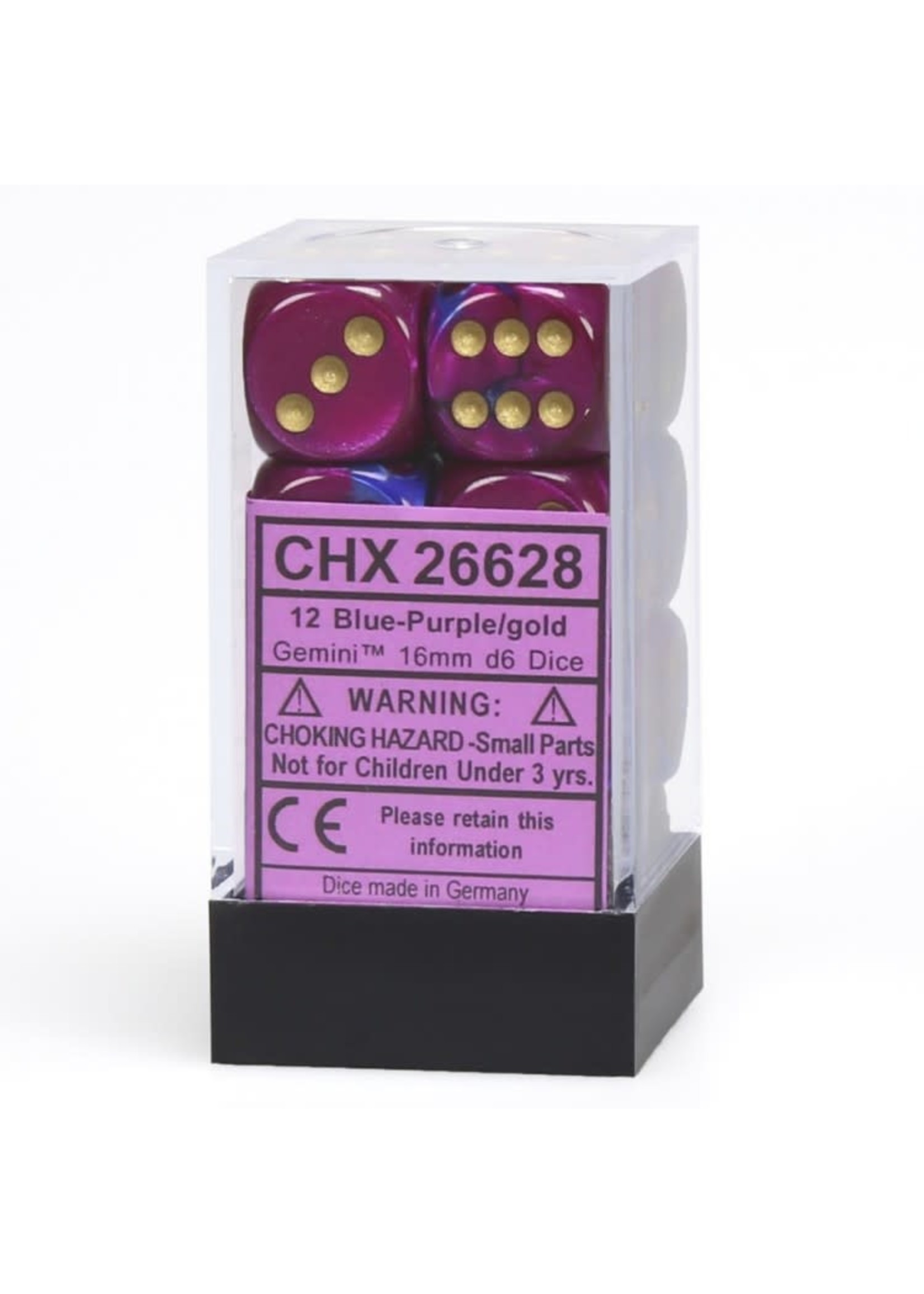 Chessex d6 Cube 16mm Gemini Blue & Purple w/ Gold (12)