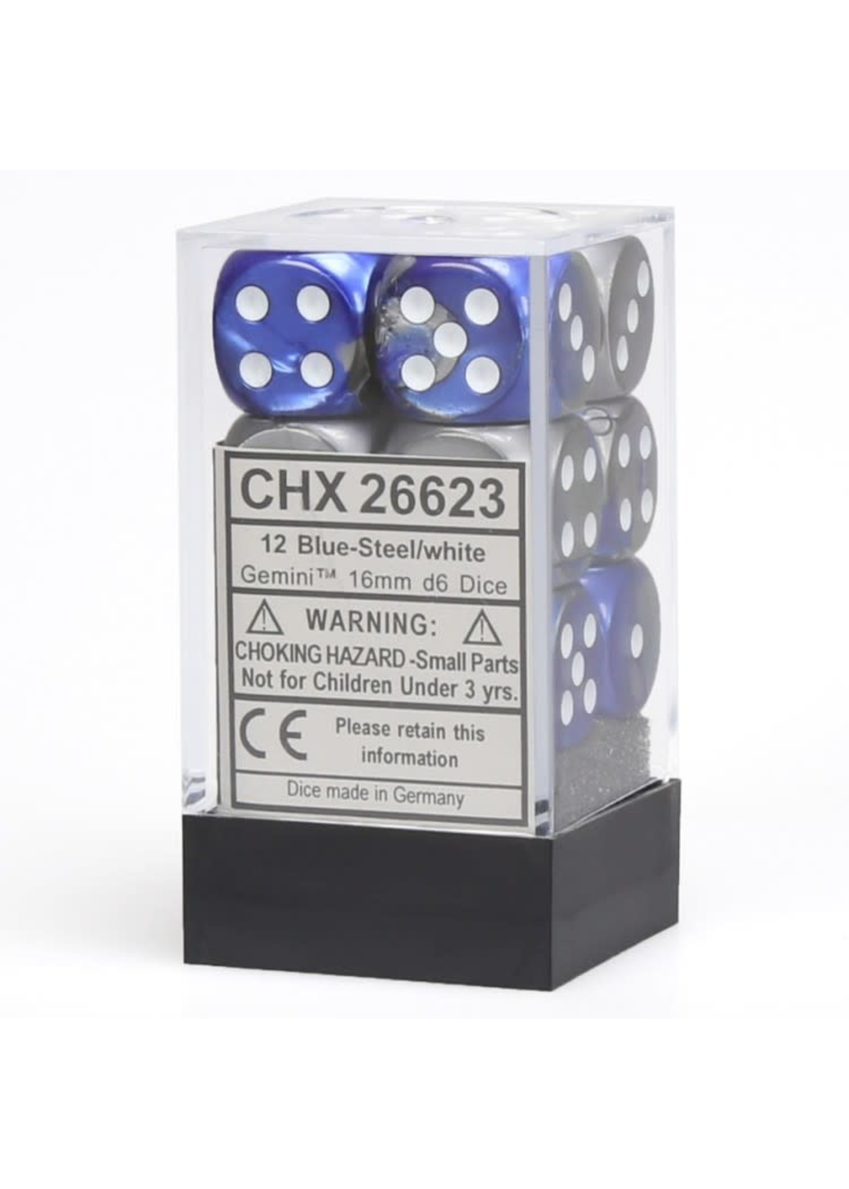 Chessex d6 Cube 16mm Gemini Blue & Steel w/ White (12)